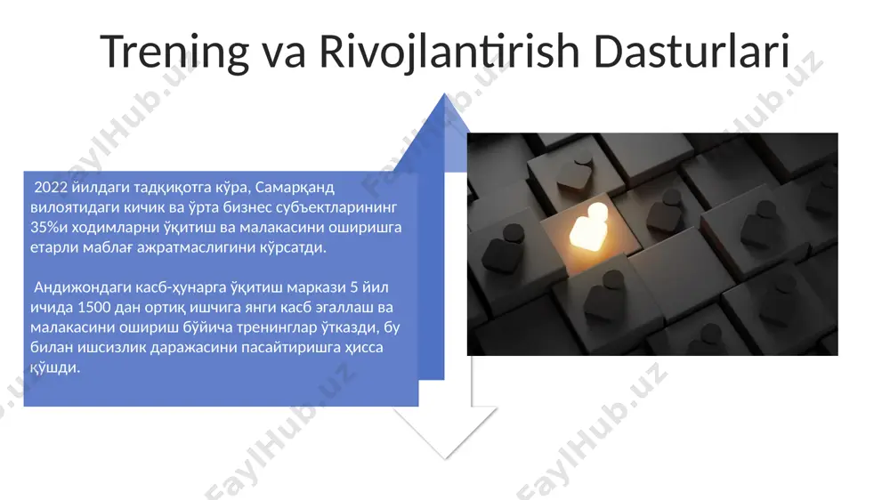 sohasidagi investitsiyalar inson kapitalining samaradorligini 15% ga oshirdi va ishsizlik darajasini 3% ga kamaytirdi. toshkent shahrida joylashgan 5 ta oliygohda inson kapitalini rivojlantirishga yo'naltirilgan maxsus dasturlar ishlab chiqildi va 2023-yilda 1000 dan ortiq talaba ushbu dasturlarda qatnashdi. inson resurslarini rejalashtirish inson resurslarini rejalashtirishda 2023-yil uchun o'zbekistonning 5 ta yirik shahrida (toshkent, samarqand, andijon, buxoro, farg'ona) malakali muhandislarga bo'lgan talabning 30% ga oshishi prognoz qilinmoqda. jahon bankining hisobotiga ko'ra, o'zbekistonda kichik va o'rta biznes sub'ektlarining 40% inson resurslarini rejalashtirish bo'yicha yetarlicha malakali mutaxassislarga ega emas. inson kapitalining turlari inson kapitalining bir turi bo‘lgan malaka 2022-yilgi ma’lumotlarga ko‘ra, o‘zbekistonning 3 ta yirik shahri – toshkent, samarqand va andijonda yuqori talabga ega. iqtisodiyotda inson kapitalining muhim qismi – innovatsion fikrlash qobiliyati. 2023-yil holatiga ko‘ra, dunyo bo‘yicha 500 ta yirik kompaniyaning 70% innovatsiyalarni rivojlantirishga inson resurslarini sarflaydi. e'tiboringiz uchun rahmat @taqdimot_robot image4.jpg image5.jpg image6.jpg image7.jpg image8.jpg image9.jpg image10.jpg image11.jpg image12.jpg image13.jpg image14.jpg image15.jpg image16.jpg …
