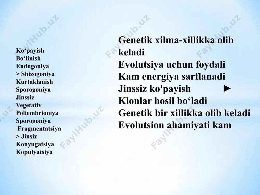 yadrosi tuxum sitoplazmasida rivojlanadi (tuxum hujayra yadrosi rivojlanishida qatnashmaydi). ginogenezda tuxum hujayrasi boshqa turga mansub organizm- larning spermatozoidlari yordamida maydalanishi va rivojlanishi mumkin (spermatozoid yadrosi rivojlanishda qatnashmaydi). jinsiy ko‘payishning quyidagi turlari tafovut etiladi: otalanish. partenogenez. androgenez. ginogenez. prokaroitlarda binar bo’linish oddiy binar bo‘linish prokariot organizmlarda kuzatiladi. prokariot hujayraning halqasimon dnksi replikatsiyalanadi, hujayra o‘rtasida to‘siq hosil bo‘lib, hujayra ikkiga bo‘linadi bir hujayralilarda binar bo’linish bir hujayrali sodda hayvonlardan amyoba, evglena, infuzoriya kabi hayvonlarning binar bo‘linishi mitoz jarayoniga asoslangan. bir hujayralilarda binar bo’linish amyoba ikkiga bo‘linish yo‘li bilan jinssiz ko‘payadi buning uchun yadroning hajmi ortib, uning qobig‘i yemiriladi. sitoplazmaga chiqqan yadro moddalari hujayraning ikki tomoniga teng taqsimlanadi. tezda hujayraning ikki tomonida bittadan yadro hosil bo‘ladi. amyoba tanasi ham cho‘zilib, o‘rtasidan ingichkalashadi va ikkiga ajraladi. ana shu yo‘l bilan bitta amyobadan ikkita yangi amyoba hosil bo‘ladi. bir hujayralilarda kurtaklanib ko’payish kurtaklanib ko’payish mitoz asosida sodir bo’ladi,achitqi zamburug’larda kuzatiladi. ona hujayrada yadro saqlovchi bo’rtma …
