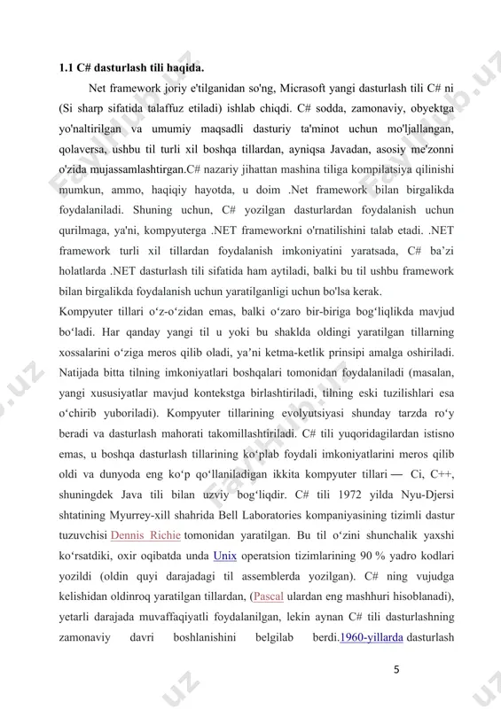 tgan zahoti (uning raqamli ahamiyati dastur, dastur tuzuvchi, foydalanilgan instrumentlarga bogʻliq boʻladi, lekin taxminan 5000 satr kodlari nazarda tutilayapti) s dasturlarini tushunish va kuzatib borishda qiyinchiliklar yuzaga keladi.c# dasturlash tilida, c++ dagidek 8 razryadli kodlash tizimidan emas, unicode deb ataluvchi 16 razryadli kodlash tizimidan foydalaniladi.c# leksik jihatdan kengaytirilgan, imperativ, deklarativ, funksional, umumiy, ob`ektga yo`naltirilgann (sinfga asoslangan) va kompanentlarga yo`naltirilgan dasturlash fanlarni o`z ichiga olgan,umumiy maqsadli, dasturlash tili. u 1998-2001-yilda microsoft kompaniyasi dasturchilari anderson xeylsberg va skot.v lar tomonidan .nettashabbusi doirasida ishlab chiqilganva keyinchalik ecma { public static void main() { string path = path.gettempfilename(); var fi1 = new fileinfo(path); // create a file to write to. using (streamwriter sw = fi1.createtext()) { sw.writeline("hello"); sw.writeline("and"); sw.writeline("welcome"); } // open the file to read from. using (streamreader sr = fi1.opentext()) { var s = ""; while ((s = sr.readline()) != null) { console.writeline(s); } } try { string path2 = path.gettempfilename(); var …