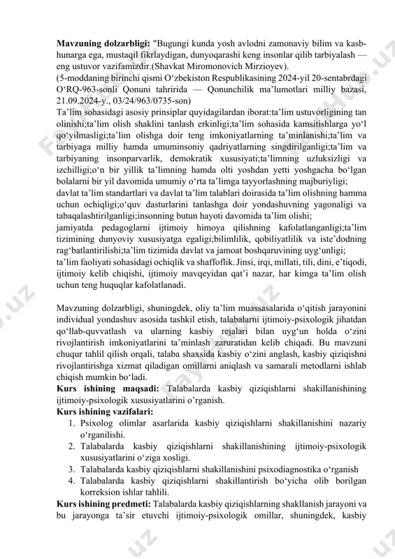 ngdek, empirik metodlar – so‘rovnoma, suhbat, kuzatuv va psixologik testlar orqali kasbiy qiziqishlarning shakllanishi o‘rganildi. bu yondashuvlar orqali talabalarda kasbiy qiziqishlarning rivojlanishiga ta’sir etuvchi ijtimoiy-psixologik omillar tizimli ravishda tahlil qilindi. kurs ishining nazariy ahamiyati: mazkur kurs ishi talabalarda kasbiy qiziqishlarning shakllanishiga ta’sir qiluvchi ijtimoiy-psixologik omillarni nazariy jihatdan tahlil qilishga xizmat qiladi. ishda ilgari surilgan nazariy qarashlar psixologiya fanidagi kasbiy yo‘naltirish, motivatsiya, shaxsiy o‘sish va ijtimoiy ta’sir nazariyalari bilan bog‘lanadi. shuningdek, bu ilmiy ish, kasbiy qiziqishlar rivojini chuqur anglash va kelajakdagi tadqiqotlar uchun nazariy asos yaratishga hissa qo‘shadi. kurs ishining amaliy ahamiyati: mazkur kurs ishining amaliy ahamiyati shundaki, u talabalarda kasbiy qiziqishlarni aniqlash va shakllantirishga oid samarali psixologik usullarni qo‘llash imkonini beradi. olingan natijalar asosida pedagog va psixologlar uchun amaliy tavsiyalar ishlab chiqiladi. bu tavsiyalar orqali o‘quv jarayonida talabalarni kasbga yo‘naltirish, ularning ijtimoiy moslashuvini ta'minlash, kasbiy faoliyatga bo‘lgan ijobiy munosabatni rivojlantirish mumkin. shu bilan birga, oliy ta’lim muassasalarida kasbiy yo‘naltirishga qaratilgan …