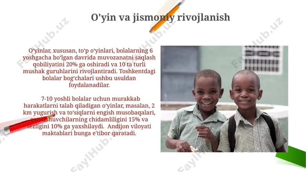 bu esa ularning lug'at boyligini va til rivojini sezilarli darajada oshiradi. o'yin, bolaning kognitiv rivojlanishiga 20% gacha hissa qo'shishi mumkin, bu esa xotira, e'tibor va muammo yechish ko'nikmalarini samarqanddagi tadqiqotlar natijalariga ko'ra tasdiqlaydi. o'yin orqali ijtimoiy ko'nikmalarni rivojlantirish o'yinlar, masalan, 5 yoshdan 7 yoshgacha bo'lgan bolalar uchun samarqandda o'tkazilgan tadqiqotlar shuni ko'rsatdiki, jamoaviy o'yinlar orqali 30% ga yaqin bolalarda muloqot va hamkorlik ko'nikmalari yaxshilangan. qo'g'irchoq teatri yoki rol o'ynash o'yinlari kabi ijtimoiy-dramatik o'yinlar, 2-4 yoshli bolalarga turli xil ijtimoiy rollarni o'rganish va 10 dan ortiq his-tuyg'ularni ifoda etish imkonini beradi, shu bilan ularning ijtimoiy aql-idroki rivojlanadi. o'yin va bolaning kelajagi 2022-yilda farg'ona viloyatida o'tkazilgan milliy dastur doirasida, o'yin terapiyasi 1500 dan ortiq bolaning nutq rivojlanishiga ijobiy ta'sir ko'rsatdi, bu esa o'yinning muhim ahamiyatini tasdiqlaydi. toshkent shahridagi eksperimentlar 500 nafar bolani o'z ichiga olgan holda, tuzilgan o'yinlarning ijtimoiy-emotsional rivojlanishga, ayniqsa, hamkorlik va muloqot ko'nikmalariga ijobiy ta'sirini tasdiqladi. o'yin muhitini tashkil qilish …