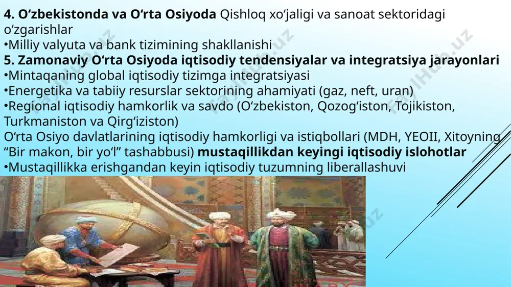 o‘rta osiyoni xitoy, hindiston, yaqin sharq va yevropa bilan bog‘lagan. ipak, ziravorlar, qimmatbaho toshlar va boshqa tovarlar bu yo‘l orqali tarqalgan. savdo yo‘li tufayli samarqand, buxoro, xiva kabi shaharlarda iqtisodiy madaniyat gullab-yashnagan. islom iqtisodiyoti: islom o‘rta osiyoga kirganidan keyin iqtisodiy faoliyat shar’iy qonunlar bilan boshqarila boshladi. zakat, vaqf va islomiy moliya mintaqada iqtisodiy g‘oyalarni shakllantirdi. pul va tovar iqtisodiyoti: ilk tangalar o‘rta osiyoda qadimiy buxoro va samarqandda zarb qilingan. pul va bozor iqtisodiyoti savdo-sotiqni jonlantirgan va xalqaro miqyosdagi iqtisodiy aloqalarni kengaytirgan. 2). temuriylar davrida iqtisodiy va tijorat tizimi temuriylar iqtisodiy siyosati: amir temur o‘z imperiyasini kengaytirar ekan, u iqtisodiy rivojlanishni qo‘llab-quvvatladi. savdo karvon yo‘llari mustahkamlandi, yangi infratuzilmalar barpo etildi. savdo va hunarmandchilik: temuriylar davrida savdo va hunarmandchilikning alohida ahamiyati bor edi. samarqand va hirot xalqaro savdoning markazlari sifatida tanilgan. buyuk hunarmandlar va san’atkorlar ish joylari barpo etildi. me'morchilik va infratuzilma: temuriylar davrida qurilgan ulkan masjidlar, madrasa va boshqa inshootlar iqtisodiy …
