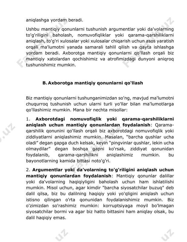 mdir. ushbu noto'g'rilikni tan olsak, biz ahamiyatsiz shaxsiy hujumlarga berilishdan qochib, mavjud dalillarga e'tibor qaratishimiz mumkin. 2. o'z fikrlash va argumentlarimizda mantiqiy xatoliklarga yo'l qo'ymaslik: o'z fikrlash va dalillarimizda mantiqiy xatolarga yo'l qo'ymaslik uchun o'z fikrlash jarayonlarimiz va dalillarimizni tanqidiy ko'rib chiqish muhimdir. bunga biz qilayotgan har qanday noto'g'ri qarashlar yoki taxminlarni aniqlash, his-tuyg'ularimiz va ular bizning fikrlashimizga qanday ta'sir qilishi mumkinligini bilish va muqobil nuqtai nazar va dalillarni ko'rib chiqishga ochiq bo'lish kiradi. 3. boshqalarning argumentlaridagi mantiqiy xatolarni tan olish va ularga murojaat qilish: boshqalarning dalillarini baholashda mumkin bo'lgan mantiqiy xatolardan xabardor bo'lish va ularga bevosita murojaat qilish muhimdir. bu argumentdagi har qanday kamchiliklarni ko'rsatish va bizning pozitsiyamizni qo'llab-quvvatlash uchun dalillar yoki qarshi dalillarni taqdim etishni o'z ichiga olishi mumkin. shunday qilib, biz yanada qat'iy va to'g'ri fikrlashni rag'batlantirishimiz va boshqalarni noto'g'ri yoki noto'g'ri dalillar bilan chalg'itishining oldini olishga yordam bera olamiz. mantiqiy xatolardan qochib, yanada qat'iy va to'g'ri …