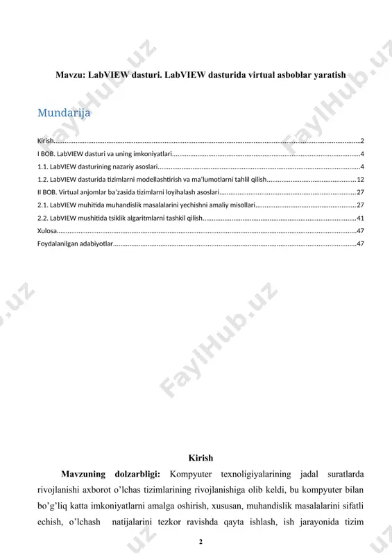 tulkitlar, jumladan multisim bilan birgalashib ishlash imkoniyatlari yaratilgan. shuningdek, lab viewda standart instrumentlar vositalari ham dasturga kiritilgan. uning yordamida kontrol nuqtasini o’rnatishimiz, dastur bajargan ishlar yordamida kompyuter animatsiyasidan foydalanishimiz mumkin, ma’lumotlarning dastur orqali qanday almashayotganini yaqqol ko’rishimiz mumkin. kurs ishining maqsadi: labview dasturi va uning imkoniyatlarini yoritib berish, labview dasturi. labview dasturida virtual asboblar yaratish asoslari hamda bu sohadagi muammolar va ularning yechimlari yuzasidan amaliy takliflar va tavsiyalarni berishdan iborat. kurs ishining obyekti: labview dasturi. labview dasturida virtual asboblar yaratishning amaliy va nazariy masalalari kurs ishining predmeti: labview dasturida virtual asboblar yaratish. labview muhitida muhandislik masalalarini yechishni amaliy misollari. kurs ishining nazariy va uslubiy asoslarini xorijlik yetakchi olimlarning amaliy ishlanmalari, ilmiy maqola va konseptual nazariyalari tashkil etadi. kurs ishi tuzilishi: bajarilgan kurs ishi kirish qismi, ikkita bob va qilingan xulosalardan iborat. ishda oʻrganilishi e’tiborga olingan ma’lumotlar tushunarli ravishda ifodalash uchun chizma jadvallar va rasmlar berildi.ishga qoʻyilgan maqsadga erishishi uchun toʻplangan …
