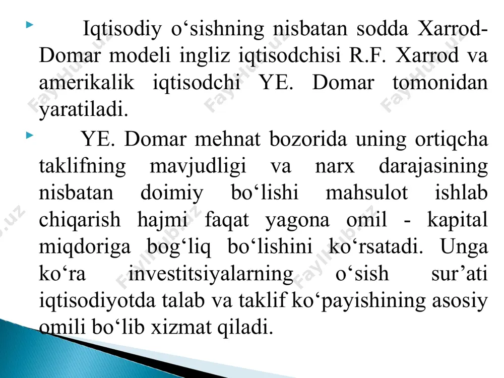 lanadi deb olinadi. y = c + i davlat xarajatlari va sof eksport ko‘rsatkichlari ham iste’mol va investitsiyalar tarkibiga kiritib yuboriladi. r.solou bitta ishchiga to‘gri keladigan mahsulot ishlab chiqarish hajmi kapital bilan qurollanish darajasining funksiyasi deb qaraydi. kapital bilan qurollanganlik darajasining o‘sishi esa jamg’arish normasiga bog’liq. jamg’arish normasining o‘sishi, kapital bilan qurollanganlik darajasining oshishiga va ishlab chiqarishning yuksalishiga olib keladi. ammo, kapital jamg’arish normasi yuqori bo‘lmasa kapitalning chiqib ketishi, aholi sonining o‘sishi tufayli kapital bilan qurollanganlik darajasi o‘zgarmasdan qolishi yoki pasayib ketishi mumkin. r.soluning fikriga ko‘ra, barqaror muvozanat sharoitida kapital, mehnat va milliy daromad darajasi bir xil, aholi soni o‘sishiga teng sur’atda o‘sib boradi. aholi sonining tez o‘sishi iqtisodiyotning o‘sish sur’atlari jadallashishiga ta’sir etadi, ammo barqaror muvozanat holatida aholi jon boshiga mahsulot ishlab chiqarish kamayadi. o‘z navbatida, jamg’arish normasining oshirilishi aholi jon boshiga to‘g’ri keladigan daromad miqdorini oshiradi va kapital bilan qurollanganlik koeffitsentini ko‘tarilishiga olib keladi, lekin barqaror holatdagi o‘sish …