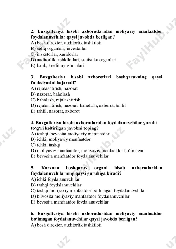 i, bevosita moliyaviy manfaatdor b) ichki, moliyaviy manfaatdor c) ichki, tashqi d) moliyaviy manfaatdor, moliyaviy manfaatdor bo‘lmagan e) bevosita manfaatdor foydalanuvchilar 5. korxona boshqaruv organi hisob axborotlaridan foydalanuvchilarning qaysi guruhiga kiradi? a) ichki foydalanuvchilar b) tashqi foydalanuvchilar c) tashqi moliyaviy manfaatdor bo‘lmagan foydalanuvchilar d) bilvosita moliyaviy manfaatdor foydalanuvchilar e) bevosita manfaatdor foydalanuvchilar 6. buxgalteriya hisobi axborotlaridan moliyaviy manfaatdor bo‘lmagan foydalanuvchilar qaysi javobda berilgan? a) bosh direktor, auditorlik tashkiloti b) soliq organlari, investorlar c) investorlar, xaridorlar d) auditorlik tashkilotlari, buxgalterlar va auditorlar assotsiatsiyasi, statistika organlari e) bank, kredit uyushmalari