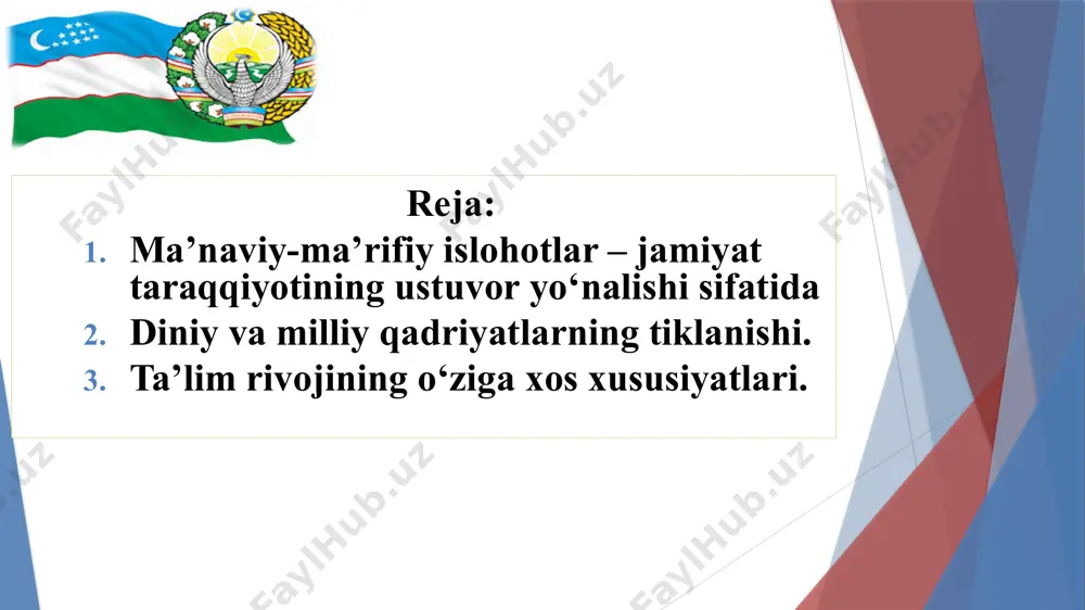 g‘bek tavalludining 600 yilligi; 1995 yil ― mahmud az-zamaxshariyning 920 yilligi; 1996 yil ― amir temur tavalludining 660 yilligi; 1998 yil ― imom buxoriy tavalludining 1225 yilligi; 1998 yil ― ahmad al-farg‘oniy tavalludining 1200 yilligi; 1999 yil ― jaloliddin manguberdining 800 yilligi; 2000 yil ― burhoniddin marg‘inoniyning 910 yilligi; 2000 yil ― imom moturidiy tavalludining 1130 yilligi; 2000 yil ― kamoliddin behzod tavalludining 545 yilligi; 2003 yil ― abduxoliq g‘ijduvoniyning 900 yilligi; 2004 yil ― xoja ahror valiyning 600 yilligi o‘zbekiston hududida xalqning ulug‘vor va shonli tarixiga oid 2000 dan ortiq yodgorliklar ta’mirlandi. abduxoliq g'ijduvoniy maqbarasi xoja ahror valiy majmuasi imom moturidiy maqbarasi bahouddin naqshband majmuasi imom buxoriy maqbarasi burhoniddin marg‘inoniy maqbarasi 1996 - amir temur yili o‘zbekiston respublikasi prezidentining farmoni 1996 yilni «amir temur yili» deb e’lon qilish to‘g‘risida buyuk davlat arbobi amir temur tug‘ilgan kunning 660 yilligi munosabati bilan mamlakatimiz jamoatchiligidan tushayotgan ko‘plab takliflarni inobatga olib, uning davlatchilikni …