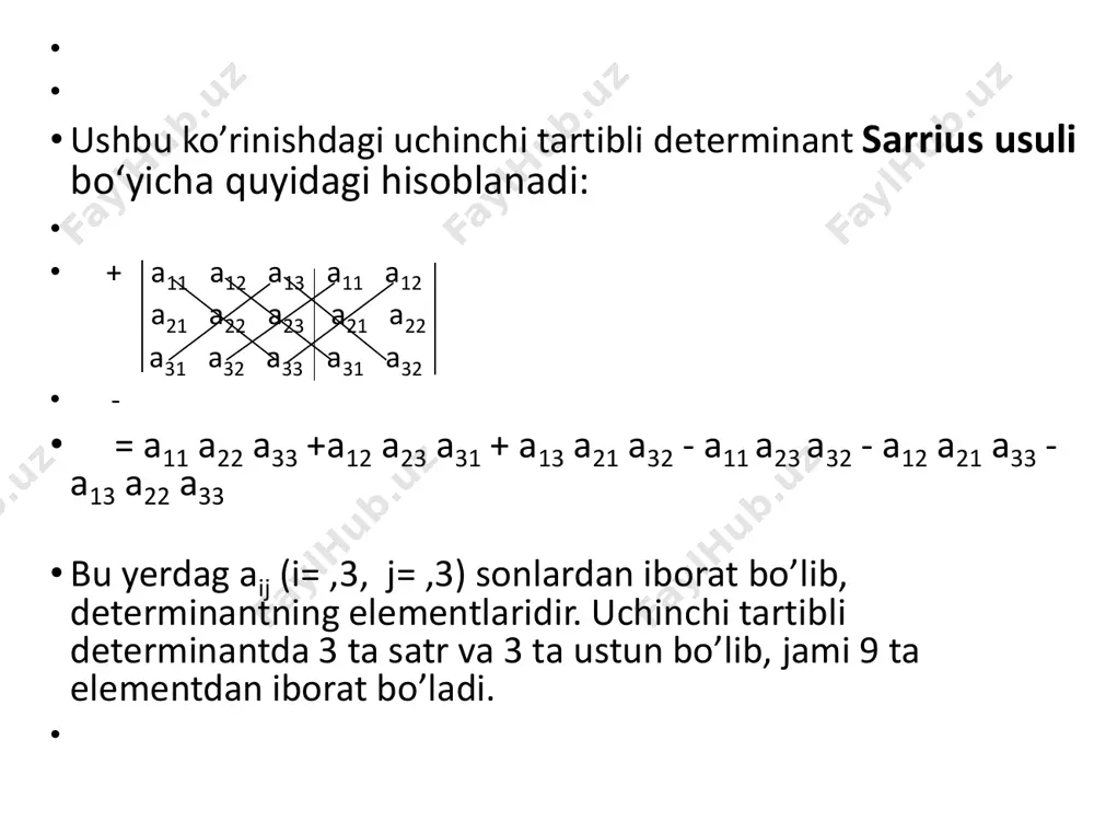 lida tenglamalar sistemasini yechish 15 • b.abdalimov, a.fayziyev “oliy matematika”; • q.ruzmetov, “matematika”; • yo.u.soatov, “oliy matematika” (1-jild); • ziyonet kutubxonasi.uz • a. u. abduhamidov, h. a. nasimov, u. m. nosirov, j. h. husanov algebra va matematik analiz asoslari (i qism) ikkinchi, uchinchi va n-tartibli determinantlarni hisoblash qoidalari doir iqtisodi masalalar tuzing. determinantlarni xossalari va natijalarini ayting. minor va algebraik to’ldiruvchi deb nimaga aytiladi. chiziqli tenglamalar sistemasini kramer va gauss usuli bilan yechish qoidasi va formulalarini ayting. chiziqli tenglamalar sistemasini iqtisodiy masalarni yechishga qollanilishiga misollar keltiring. • mustaqil o’rganish uchun mavzuga doir savollar, masalalar va adabiyotlar •e’tiboringiz uchun rahmat!!!!
