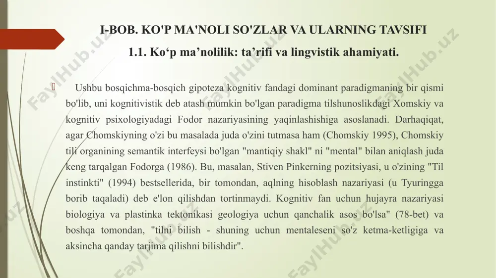 l orqali chuqur kuzatish va tavsiflashda o'zining dastlabki yordamini topishi mumkin. 2.2. fransuz tilidagi polisemiya tushunchasining kelib chiqishi: tushunchaning shakllanishi ko'p ma'nolilik - bir xil so'zning bir necha xil, lekin bir-biriga bog'liq ma'nolari bo'lgan lisoniy hodisa. bu tushuncha tilshunoslikda uzoq tarixga ega boʻlib, lugʻat evolyutsiyasi va soʻzlarning maʼnolari vaqt oʻtishi bilan qanday oʻzgarishini tushunish uchun asos boʻlib xizmat qiladi. fransuz tilida polisemiya tushunchasining kelib chiqishi va shakllanishi haqida batafsil ma'lumot. fransuz tilidagi ko'p ma'nolilikning kelib chiqishi 1. etimologik va kontseptual kelib chiqishi: "polisemiya" atamasi yunoncha "poly-" (ko'p) va "sêmia" (belgi yoki ma'no) so'zlaridan kelib chiqqan. bu hodisaning o'zi eng qadimgi hind-evropa tillaridan beri mavjud bo'lib, lotin va yunon tillaridagi eng qadimgi yozuvlarda kuzatilgan. aristotel kabi qadimgi faylasuflar so'zlarning bir nechta ma'noga ega bo'lishi masalasini allaqachon ko'rib chiqishgan. fransuz tilida ko‘p ma’nolilikning shakllanishi: fransuz tilidagi ko‘p ma’nolilik asta-sekin tilning rivojlanishi bilan, xususan, lotin, german va boshqa ta’sirlar, shuningdek, ijtimoiy, madaniy va …