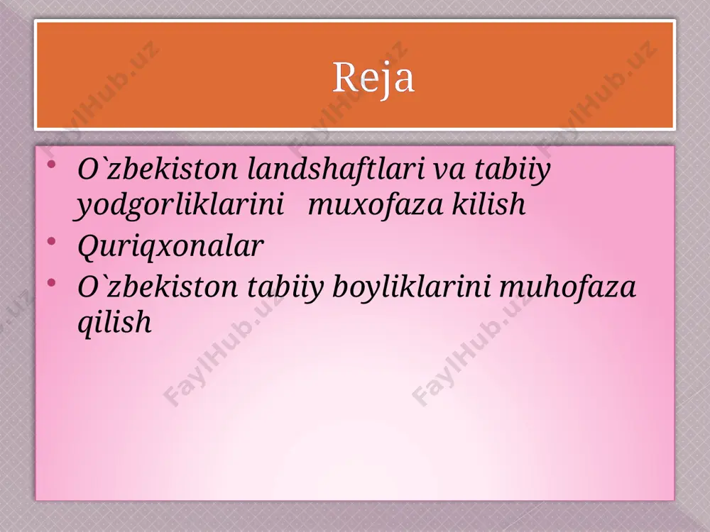 xonalar haqidagi ma`lumotlar ilovadagi 9 jadvalda berilgan. jumhuriyat landshaftlarini muhofaza qilishda yana xalq bog`lari, buyurtmalar va parvarishxonalarning ham ahamiyati kattadir. o`zbekistonda hozircha zomin va ugom chotqol xalq bog`i mavjud. jumhuriyat buyurtmalari, xalq parki va parvarishxonalar haqidagi ma`lumotlar ham ilovadagi jadvalda berilgan. o`zbekistondagi buyurtmalarning asosiy vazifasi noyob o`simlik, hayvon turlarini yoki ajoyib tabiatli joylarni yo`q bo`lib ketishidan asraydi, o`simlik va hayvonlarning ko`payishi uchun sharoit yaratadi. buyurtmalar o`zining xususiyatiga ko`ra vaqtnncha va doimiy bo`lishi mumkin. tabiat yodgorliklari deganda biz g`orlarni, karstlarni, sharshara va shovvalarni, ajoyib buloq, jilg`a va soylarni, daralarni, koyali relef shakllarini, ochilib qolgan yotkiziqlarni, toshqotgan xayvonlarni va tabiatning boshqa ajoyib joylarini tushunamiz. o`zbekiston hududida 1000 ga yaqin tabiat yodgorliklari mavjud. lekin ularning ko`pchiligi hisobga olinmaganligi oqibatida holati yomonlashib bormokda. shu sababli zudlik bilan har bir qishloq, tuman, viloyat xududida mavjud bo`lgan tabiat yodgorliklarini nazorat ostiga olish zarur. tabiat yodgorliklari xususiyatlariga qarab geologik,paleontologik, geografik, arxeologik va biologik turlarga bo`linadi. geologik yodgorliklarga …