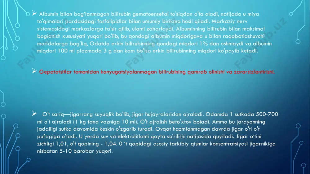 i buzilganligi natijasida sariqlik belgisi paydo bo'ladi. ➢ 3”jigar osti “sariqligi. bunda kasallik jigardan tashqaridagi o't yo'ilari berkilib qolganda vujudga keladi. qondagi bilirubinning ko'payishiga sabab, jigardan tashqari o't yo'llarida o't harakadning qiyinlashuvi yoki uning butunlay to'silib qolishidir. токсик моддаларни жигарда зарарсизлантирилиши 1. токсик моддалар зарарсизлантириш механизм лари: микросомал оксидланиш, конъюгация реакциялари. 2. йўғон ичакда аминокислоталар метаболизми натижасида хосил бўлган маҳсулотларини зарарсизлантирилиши. 3. дори воситалар биотрансформацияси. 4. этанолни жигарда зараpсизлантирилиши. тми: биотрансформация жараёнларини ёшга боғлиқлиги. 2 organizmga tashqi muhitdan (ovqat va suv tarkibida, dori vositalari va bosh.) tushayotgan yoki organizmni ozida hosil boladigan(xolesterin, ot kislotalari, toyinmagan yog kislotalar, steroid gormonlar, prostaglandinlar), organizm uchunplastik va energetik ahamiyatga ega bolmagan moddalar ksenobiotiklar deb ataladi. ushbu moddalarning zararsizlantirilishi asosan jigar toqimasida amalga oshadi. shuningdek, ularning zararsizlantirlishi oshqozon ishaklar shilliq qavatlarida, nafas yollari devorida, terida va buyrak toqimasi va siydik ayirish yollarida amalga oshiriladi. 3 turli zaxarli moddalarni (ksenobiotiklar) jigarda zararsizlantirilishi oziga xos yollar bilan …