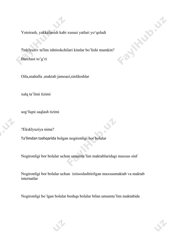 ab va maktab internatlar ?inklyuziv ta’limning qanday tamoillari bor? barchasi to’g’ri inklyuziv ta’limning e’tirof etilishi tamoyili inklyuziv ta’limning barcha uchun ochiq bo’lishi tamoyili, bog’lanishning mavjud bo’lishi tamoyili. markazlashtirilmagan bo’lishi tamoyili. inklyuziv ta’limda kompleks yondashishi tamoyili. inklyuziv ta’limda moslashuvchanlik tamoyili, malakaviylik tamoyili. ? daktil imoishora usulidan foydalanishning asosiy maqsadi nima? eshitmaganlar bilan muloqot qilish matnlarni yozib olish so'zlarni yozish tasvirlarni ifodalash ? daktil imoishora qanday belgilarni o'z ichiga oladi? qo'l harflarini yuz ifodalarini ijtimoiy harakatlarni ranglarni ? o'zbek daktil imoishora alifbosida qanday harf mavjud? o'zbek tiliga xos bo'lgan harflar faqat ingliz tilidagi harflar tashqi til harflari xalqaro alifbo ? daktil imoishora yordamida qanday qilib so'zlarni ifodalash mumkin? qo'llar bilan harflarni shakllantirish orqali yuz ifodalari bilan kichik chizishlar orqali ranglar bilan ? o'zbek daktil imoishora usulida nechta qo'l harfi mavjud? 33 20 15 26 ? daktil imoishora alifbosidagi harflarning shakli qanday o'zgarmaydi? qo'l holati qo'l yeri qo'l raqami quloq holati ? daktil …