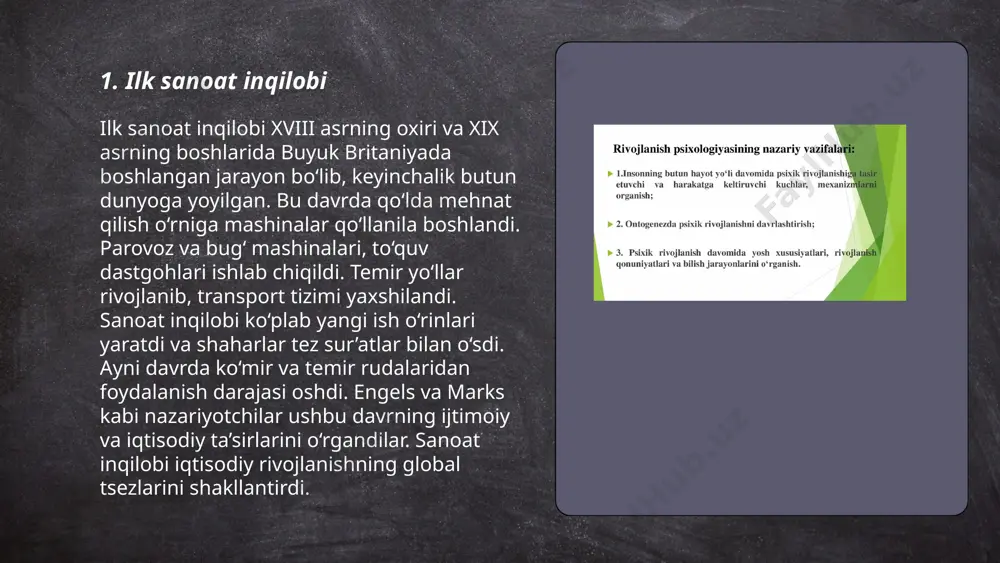 i texnologiyalar tezda rivojlandi. ... t.me/slaydai_bot ikkinchi sanoat inqilobi 19-asr oxiri va 20-asr boshlarida sodir bo'ldi. bu davrda elektr energiyasi keng qo'llanildi, kimyo, po'lat va neft sanoatlari rivojlandi. 1870-1914 yillar oralig'ida transport vositalari, aloqa texnologiyalari va massaviy ishlab chiqarish tizimlarida katta o'zgarishlar yuz berdi. temir yo'llar kengaytirilib, avtomobillar va samolyotlar paydo bo'ldi. telefon va telegraf orqali aloqa yanada yaxshilandi. bu davrda ishlab chiqarilayotgan mahsulot hajmi oshib, xalqaro savdo hajmi sezilarli darajada kengaydi. sanoat markazlari va shaharlashuv jarayoni tezlashdi. bu davrda ko'plab patentlar ro'yxatga olingan, ilmlar va texnologiyalar tez rivojlangan. ... t.me/slaydai_bot 7. avtomatlashtirishning boshlanishi avtomatlashtirishning boshlanishi 18-asrning oxiri va 19-asrning boshlariga to'g'ri keladi. angliyada sanoat inqilobi davrida dastlabki avtomatlashtirilgan mexanizmlar ishlab chiqilgan. 1784-yilda edmund kartvayt paxta to'qish dastgohini ixtiro qildi, bu esa jarayonni jadallashtirdi. 1801-yilda jyosef mari jakkar tomonidan ixtiro qilingan to'qish dastgohi esa kartina to'qishga imkon berdi, bu texnologik yutuq edi. 19-asrda bug' mashinalari va mexanik tizimlar sanoat ishlab …