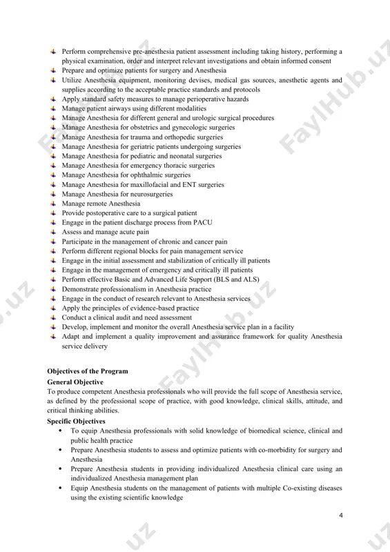 icipate in the management of chronic and cancer pain · perform different regional blocks for pain management service · engage in the initial assessment and stabilization of critically ill patients · engage in the management of emergency and critically ill patients · perform effective basic and advanced life support (bls and als) · demonstrate professionalism in anesthesia practice · engage in the conduct of research relevant to anesthesia services · apply the principles of evidence-based practice · conduct a clinical audit and need assessment · develop, implement and monitor the overall anesthesia service plan in a facility · adapt and implement a quality improvement and assurance framework for quality anesthesia service delivery objectives of the program general objective to produce competent anesthesia professionals who will provide the full scope of anesthesia service, as defined by the professional scope of practice, with good knowledge, clinical skills, attitude, and critical thinking abilities. …