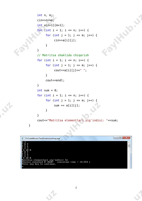 //ustunlar yig'indisini saqlovchi massiv //satrlar va ustunlar yig'indilarining qiymatlarini nolga tenglaymiz for (int i = 1; i <= n; i++) { s_r[i] = 0; } for (int i = 1; i <= m; i++) { s_c[i] = 0; } for (int i = 1; i <= n; i++) { for (int j = 1; j <= m; j++) { s_r[i] += a[i][j]; // a[i][j] element i-satr yig'indisini oshiradi s_c[j] += a[i][j]; // a[i][j] element j-ustun yig'indisini oshiradi } } cout << "qatorlar yig'indilari : "; for (int i = 1; i <= n; i++) { cout << s_r[i] << " "; } cout << endl; cout << "ustunlar yig'indilari : "; for (int i = 1; i <= m; i++) { cout << s_c[i] << " "; } } topshiriqlar sodda topshiriqlar: 1. matritsani qator elementlari yig‘indisidan vektor hosil qilinsin, eng katta va eng kichik elementi aniqlansin. 2. matritsani ustun …
