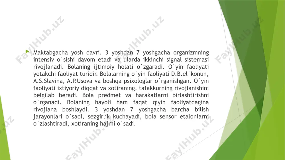 yetarlicha bo`lishi kerak. kichik maktab yoshi davri. kichik maktab yoshidagi bolalar 7 yoshdan 12 yoshgacha bo’lgan bolalar bo’lib ular boshlang’ich sinf o’quvchilari hisoblanadi.bu yillarda bolaning hayoti va faoliyatida muhim o’zgarishlar ro’y beradi.binobarin ularning psixikasida ham o’zgarishlar sezilarli darajada bo’ladi.bolaning maktabga kirishi uning hayotida burulish chog’idir. bola maktabga kirib o’qiy boshlashi bilanoq uning hayotida asosiy faoliyat o’qish bo’lib qoladi. maktabda bola tizimli ravishda yangiliklar oladi,bu o’quvchilarning kundan kunga orttirib borayotgan hilma-xil mavzudagi bilimlarning manbayidir.bolaning bilimlarni sistemali tarzda o’zlashtirishi natijasida undagi bilimning doirasi kengayib boradi,aqliy jarayonlar rivojlanadi shu bilan bir qatorda bolaning emotsional-irodaviy xususiyatlari qayta tarkib topib rivojlana boshlaydi.maktabdagi ta’lim jarayonining o’zi bolaning sezgi,idrok,tafakkur,nutq va diqqatlariga yangi talablar qo’yadi. kichik yoshdagi o’quvchilarning yuqorida ko’rsatilgan hilma-xil qiziqishlari bilan bir qatorda individual qiziqishlari ham tug’ula boshlaydi. ba’zi o’quvchilar rassomlikka ko’proq qiziqsalar,ba’zilari musiqa sheriyatga muhabbat qo’yadilar. kichik maktab yoshidagi bolaning muhim xususiyatlaridan biri, unda o’ziga xos ehtiyojlarning mavjudligidir. kichik maktab yoshidagi bolalarda kechuvchi jarayonlar. kichik …