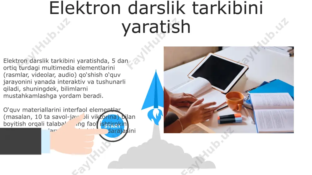 aqsadi, tarkibi va foydalanish imkoniyatlarini qisqacha bayon qilish, autoplay dasturiy ta'minotining afzalliklarini ta'kidlash maqsadga muvofiq. tayyor mahsulotni nashr etish nashriyotdan keyin birinchi 24 soat ichida 500 dan ortiq yuklab olinishni kuzatish va foydalanuvchilarning dastlabki reaksiyasini tahlil qilish muhim ahamiyat kasb etadi. tayyor elektron darslikni nashr etishdan avval kamida 3 ta beta-testdan o'tkazish va 100 dan ortiq foydalanuvchi fikrini o'rganish tavsiya etiladi, bu sifatni oshirishga yordam beradi. 06 05 04 xatolarni tuzatish va sinovdan o'tkazish 01 02 xatolarni tuzatish jarayonida 20% gacha vaqtni sinovdan o'tkazishga, ya'ni turli qurilmalarda (telefon, planshet, kompyuter) elektron darslikning ishlashini tekshirishga ajratish tavsiya etiladi. o'quv materiallarining semantik tahlili va tarkibiy tuzilishiga e'tibor qaratish, kamida 3 marta tahrir qilish va har bir tahrirda 10-15 ta xatoni bartaraf etish maqsadga muvofiq. avtoplay dasturi nima? avtoplay dasturi interaktiv elektron darsliklar yaratish uchun moʻljallangan boʻlib, unda 20 dan ortiq turli xil multimedia elementlarini, shu jumladan video, audio va animatsiyalarni qoʻllash mumkin. …