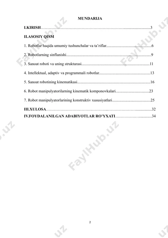 lantirishning texnik asoslari hisoblanadi. hozirgi zamon yangi texnologiyalarida robotlar va robototexnik sistemalarni qo‘llash yildan yilga oshib bormoqda. ular yordamida yangi texnologik jarayonlar o‘zlashtirilmoqda, odamlarni toliqtiradigan, bir xil, og‘ir qo‘l mehnatidan, sog‘liqlari uchun zararli va xavfli ishlardan ozod qilinmoqdalar. mazkur darslikda sanoat robototexnikasi asoslari yoritilgan. unda robotlar va robototexnik komplekslar bo‘yicha asosiy tushunchalar, ta’riflar berilgan. robototexnikaning ishlab chiqarishni kompleks avtomatlashtirishdagi roli bayon qilingan. robot va manipulyatorlarning strukturasi, texnik xarakteristikalari, modul qurish tamoyillari birinchi bobda berilgan. ikkinchi bobda sanoat robotlarining mexanik sistemasi, manipulyatorlarning kinematikasi, kinematik komponovkalari hamda manipulyatorlarning konstruktiv xususiyatlari bayon qilingan. undan tashqari robotlarning ishchi organlari va harakat qurilmalarining konstruksiyalari va ishlash prinsiplari keltirilgan. uchinchi bobda robotlarni asosiy elementlari hisoblangan pnevmatik, gidravlik va elektrik yuritmalari berilgan. robotlarda qo‘llaniladigan yuritmalarga qo‘yiladigan talablar, yuritmalarning afzallik va kamchililari ham shu bobda bayon qilingan. 4 to‘rtinchi bob sanoat robotlarini boshqarish sistemalariga bag‘ishlangan bo‘lib, programmali, adaptiv va intellektual boshqarish sistemalari, hamda sanoat robotlarini boshqarish uchun qo‘llaniladigan …