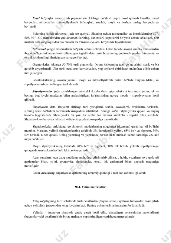 ruksiyalarida rezina juda keng ishlatiladi. rezina materiallar asosan, kauchukni turli to‘ldiruvchilar, plastifikatorlar, vulkanizasiyalovchi agentlar, tezlashtiruvchilar, aktivatorlar va boshqalar qo‘shib, qayta ishlash orqali hosil qilinadi. rezina juda ko‘p xususiyatlarga ega bo‘lgan konstruksion materialdir. bulardan eng muhimi uning yuqori darajada elastikligi, ya’ni katta (100 % gacha) deformatsiyadan ham dastlabki holatiga qayta olishidir. rezina olish uchun asosiy material kauchuk hisoblanadi, ya’ni rezinadagi aralashmaning 10-98% ni kauchuklar tashkil qiladi. kauchuklar, asosan, tabiiy va sintetik polimerlar bo‘lib, oddiy haroratda yuqori elastiklik xossasiga ega. tabiiy kauchuk, hindcha "kaochu" so‘zidan olingan bo‘lib, "daraxtning ko‘z yoshi" degan ma’noni anglatadi. darhaqiqat kauchuk daraxtini kesganda undan suyuqlik (ko‘z yoshi) ajralib chiqadi. shuning uchun hindlar juda qadimdan oq yog‘och smolasi (kauchuk) dan foydalanib kelganlar. shunday qilib, tabiiy kauchuk (tk) kauchukli o‘simliklar (daraxtlar) dan olinadi. u efir, benzin, mineral moylarda yaxshi eriydi, suvda esa erimaydi. kauchuk 900c gacha qizdirilganda yumshab juda yopishqoq bo‘lib qoladi, 00c dan past haroratda esa qattiqlashib, mo‘rtlashib boradi. …