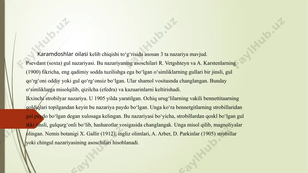 on florasining ro‘yxati deb nomlangan ko‘p qismli kilobini chop ctgan va unda turkisfon hududida 4111 tur o'simlik borligini ko'rsatgan. o'rta osiyoda, jumladan o'zbekistonda larqalgan o'simliklarni ilmiy asosda har tomonlama o'rganish o'lgan asrning 20-yillaridan boshiangan. 1920-yillarda o`rta osiyo davlat univcrsitcti (hozirgi o'zbckision milliy universileti) va 1940-yillarda o'zbckision fanlar akademiyasi va uning tarkibida botanika institutining tashkil ctilishi o'zbekistonda botanika fanining har tomonlama rivojlanishiga asos bo'ldi. o'zbekislon batniklarining o`rta osiyo bo'ylab uyushtirilgan ckspcditsiyalari mobaynida ko'plab gerbariylar (o'simliklar klasifksiyasi) to'plandi. bu bcbaho klasifksiya asosida botanika insliluiida (hozirgi ,,botanika“ ilmiy ishlab chiqarish markazida-o’zafa „botanika hchm) „o'zbekision markaziy gerbariysi“ tashkil elildi. ayni vaqlda bu gerbariyda i million 400 mingdan ko'proq 10000 dan ortiq turlarga mansub o'simlik nusxalari saqlanadi. mana shu o'simlik nusxalarini o‘rganish va tabiatda olib borilgan kuzatishlar asosida 1941-1962- yillarda 6 tomli ,, o`zbekiston florasi" kitobi nashr ctildi. natijada respublikamizda 4500 ga yaqin o'simlik turlari borligi aniqlandi. 1963-1993- yillarda o'zbekiston botaniklari tomonidan 10 tomli „o'rta …