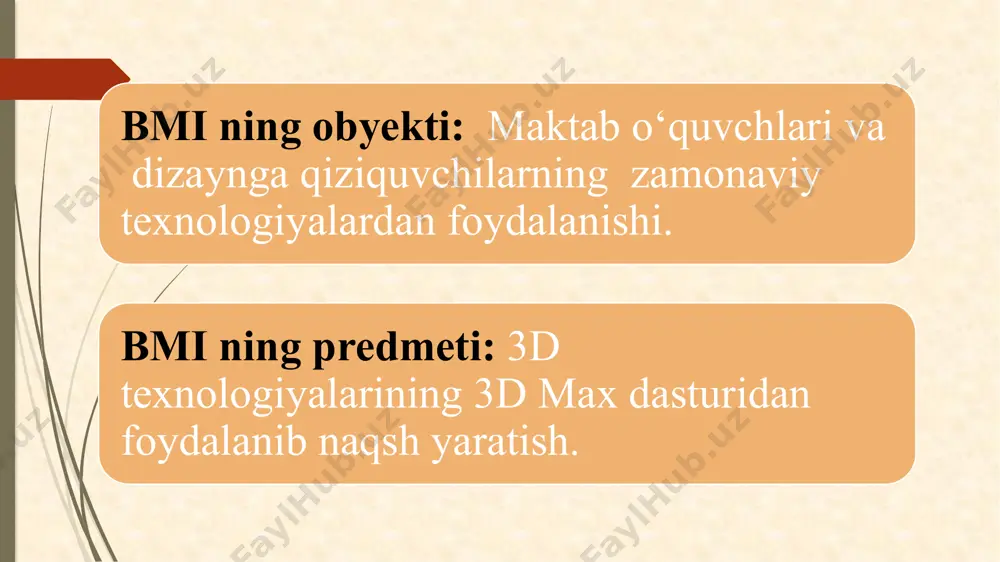 la madaniyatiga ega bo‘lish. dars uslubi: noan’anaviy ___________________________________________ dars jihozi: kompyuter, praektor, tarqatma materiallar, ko’rgazmali qurollar... dars taqsimoti: 1.tashkiliy qism 4 minut 2.o’tilgan mavzuni takrorlash( mustahkamlash) 12 minut 3.yangi mavzuni tushuntirish 10 minut 4.yangi mavzuni mustahkamlash 14 minut 5.o’quvchilarni baholash 3 minut 6. uyga vazifa darsning borishi: i. tashkiliy qism: a) sinf xonasini tozaligiga e’ribor berish; b) o’quvchilar bilan salomlashish. c) o’quvchilarning darsga tayyorgarligini teshirish. d) o’quvchilarni darsga jalb qilish va davomatni anilash; yangi mavzu bayoni: oxirgi yillarda ta’lim tizimida zamonaviy 3 d texnologiyalaridan foydalanishga, xususan, multimediaga asoslangan texnologiyalarga alohida e’tibor qaratilmoqda. axborot-kommunikatsiya texnologiyalarining jadal sur’atlarda rivojlanishi ta’lim tizimiga o‘z ta’sirini ko‘rsatibgina qolmasdan, uni tashkillashtirishning asosiy vositasiga ham aylandi.bunga misol eng tez rivojlangan va yuqori samara ko‘rsatgan ta’lim texnologiyalari axborot-kommunikatsiyalar asosida tashkillashtirilganidir. masalan, cloud computing, mobile learning, tablet computing, open content learning, analytic learning, virtual and remote laboratories. xxi asr ta’lim tizimi bevosita 3 d dunyo va multimedia texnologiyalari bilan …