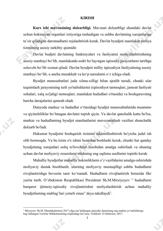 bagʼishlangan vazirlar mahkamasining majlisidagi maʼruza, toshkent: oʼzbekiston, 2017. 4 kurs ishining maqsadi. kurs ishining maqsadi shundaki davlat byudjetini muvozanatga erishish, kamomadni moliyalashtirishni va profitsitni chegirib olish usullarini oʻrganish, xorijiy mamlakatlarning byudjet siyosatini bilan solishtirish va o'zbekiston respublikasi davlat byudjeti tizimini balansini rivojlantirish istiqbollari chuqur o’rganish. kurs ishining ob’ekti va predmeti. tadqiqot ob’yekti davlatning byudjeti hisoblanadi. tadqiqot predmeti oʻzbekiston respublikasida byudjet muvozanatga erishish siyosatini yuritishda kamomadni moliyalashtirish usullari. kurs ishining ilmiy-uslubiy asoslari. kurs ishining ilmiy uslubiy asoslari buyudjet kamomadi, profitsiti va ularning iqtisodiy oqibatlarini o’rganish, ta’sirini tadqiq etish va byudjet siyosatini va uning mamlakat iqtisodiyotiga ta’sirini namoyon bo’lishini tahlil qilish. kurs ishi tarkibi. kurs ishi kirish qismi, ikkita bob, xulosa va foydalanilgan adabiyotlar roʻyxatidan iborat. birinchi bob "davlat byudjetining iqtisodiy mohiyati va uning tarkibiy tuzilishi". bunda davlat byudjetining iqtisodiy mohiyati va uning tarkibi, davlat byudjeti taqchilligi va profitsiti, byudjet kamomadi va uni moliyalashtirish usullari o’rganiladi. ikkinchi bob "o'zbekiston respublikasi davlat byudjetini …