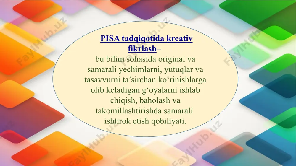 omillashtirishga moyil boʻlishi kerak. p i s a madaniy me’yorlar va kutilayotgan natijalar ta’lim yondashuv- lari ijodiy faoliyat ijodiy ifoda sinfdagi muhit bilim yaratish muammoni kreativ hal qilish pisa ikki qismdan iborat: test va so‘rovnoma. test qismi oʻquvchilar gʻoya berish, uni tahlil etish va takomillashtirish bilan bogʻliq vazifalarda oʻzlarining ijodiy yondashuv jarayonlarini naqadar ishga sola olishlari haqida maʼlumot beradi. so‘rovnoma ushbu maʼlumotni oʻquvchi kreativ fikrlashining boshqa yordamchi omillari borasidagi maʼlumot bilan, jumladan, ijodiy yondashuv (ochiqlik, maqsad sari ishtiyoq va ishonch), maktab muhiti haqidagi tasavvurlari, maktab va uning tashqarisida shugʻullanadigan faoliyat kabi maʼlumotlar bilan toʻldiradi. pisa tadqiqotida kreativ fikrlashni baholash «kreativ ifodalash» deganda shaxsning ichki dunyosi (kechinmalari)ni oʻzgalarga yetkazib berish hollari tushuniladi. ushbu mavzu mazmun sohasi, oʻz navbatida, «yozma ifodalash» va «vizual ifodalash» sohalariga (domenlariga) bo`linadi. kreativ ifodalash yozma vizual yozma kreativ ifoda oʻquvchilarga butun hayotida kerak boʻladigan samarali muomalaning tamal qoidalarini anglash va oʻzlashtirish imkonini beradi. vizual ifodalashda oʻquvchi turli …