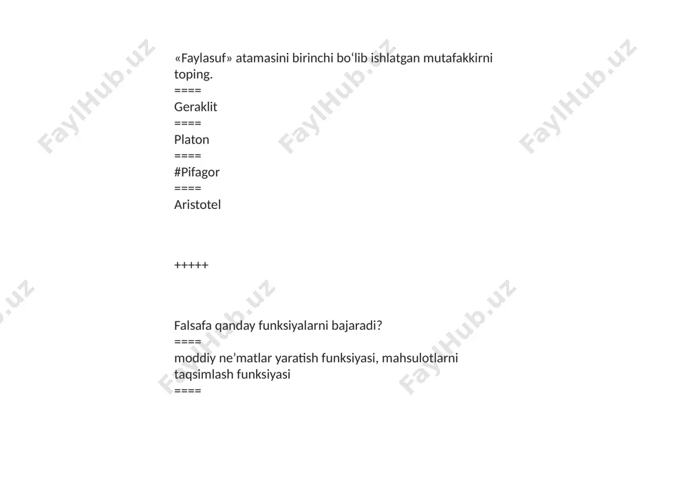 iqlang. ==== murakkab sistemalarning uzoq muddat davomidagi barqarorligi jarayoni ==== #murakkab sistemalarning uzoq muddat davomidagi izchil va sifatiy o‘zgarishi jarayoni ==== murakkab sistemalarning uzoq muddat davomidagi beqarorligi jarayoni ==== narsadagi ma’lum xossalar o‘rniga boshqalarining yuzaga kela borishi jarayoni +++++ sababiyat prinsipining mohiyatini ifodalab bering ==== narsalar turli qismlardan tarkib topgani tufayli emas, ushbu qismlar o‘rtasida aloqadorlik mavjudligi tufayli yaxlitdir ==== #oqibatni keltirib chiqargan barcha holatlar yig‘indisigina sababiy asos bo‘lishi mumkin ==== har qanday sistema ma’lum shart-sharoitlar va sabablar ta’sirida shakllana boradi ==== har qanday narsa elementlar va ular orasidagi aloqalardan tarkib topadi +++++ gegel qarashlariga kо‘ra tushuncha mutloq g‘oyaga erishguncha bо‘lgan rivojlanish bosqichlarida nimaga ega bо‘lamiz. ==== hissiy bilishga ==== nisbiy haqiqatga ==== haqiqatga ==== # mutloq haqiqatga +++++ bilish xaqidagi ta’limot bu - ...? ==== #gnoselogiya ==== ontologiya ==== ideologiya ==== epistemologiya +++++ «inson - siyosiy maxluq» degan fikr qaysi faylasuf qalamiga mansub? ==== demokrit; ==== # arastu; ==== …