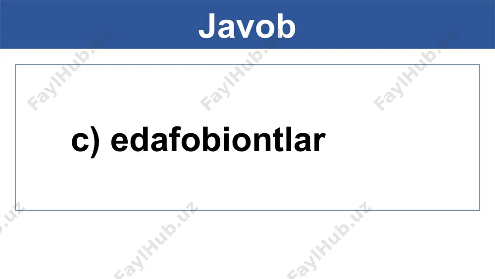 ka bilan birga havo xaltalarining ham ishtirok etishi. qushlarning quruqlik-havo muhitiga moslashishi tuproqda yashovchi hayvonlardagi moslanishlar 1.hayvonlar tanasining ixchamligi; 2.shilimshiq modda bilan qoplangan teri qoplamiga egaligi; 3.ko‘rish organlari rivojlanmaganligi; 4.yer qazuvchi kuraksimon oyoqlar- ning bo‘lishi; 5.tirnoqlarining tuproqda yashash- ga moslashishi; 6.tayanch vazifa bajaruvchi skelet va tukchalarning bo‘lishi. mustahkamlash 1. tirik organizmlar tanasi yashash muhiti sifatida qanday afzalliklarga ega? shu bilan birga xo‘jayin organizm tanasida yashash parazitga qanday noqu- layliklarni keltirib chiqaradi? 2. burchoqdoshlar oilasiga mansub ayiqtovon o‘simligi unumsiz tuproqda ham o‘sib, yaxshi hosil beradi. javobingizni asoslang. o‘tilgan mavzularni takrorlash, savollarga javob yozish. uyga topshiriq image1.png image2.png image3.png image4.png image5.png image6.png image7.png image8.png image9.png image10.png image11.png image12.png image13.png image14.png image15.png image16.png image17.png image18.png image19.png image20.png /docprops/thumbnail.jpeg