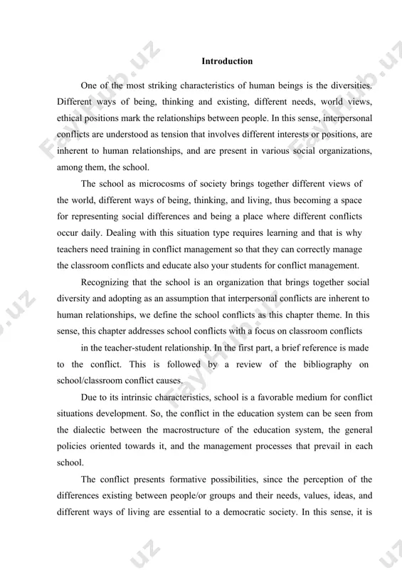 n system, the general policies oriented towards it, and the management processes that prevail in each school. the conflict presents formative possibilities, since the perception of the differences existing between people/or groups and their needs, values, ideas, and different ways of living are essential to a democratic society. in this sense, it is important to enhance positive conflict characteristics and reduce the negative ones. so, the difficulty in resolving conflicts is largely due to the difficulties existing between those involved in the conflict to be able to communicate effectively. therefore, the constructive and educational potential of conflicts depends largely on the skills of those involved. thus, knowing how to communicate, and respecting the rights of others and existing differences are essential for conflicts to revert to social and human development benefits. the concern with improving coexistence in schools, centred on the conflict variable, is addressed in different studies, whose objectives …