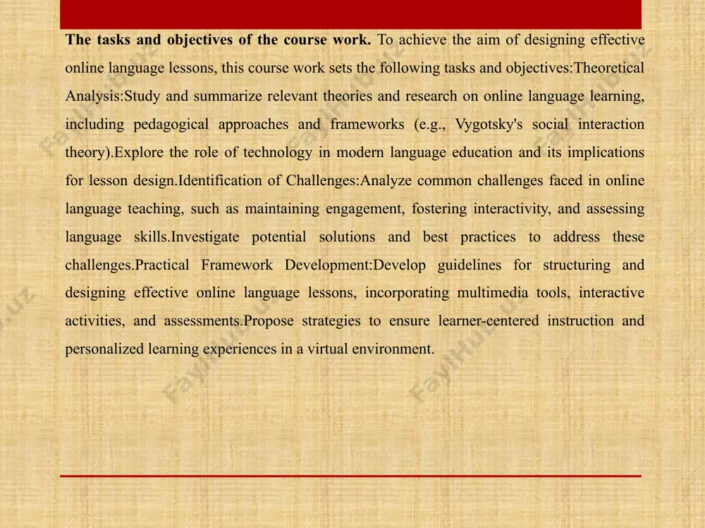 ucturing online language lessons:defining learning objectives.purpose: clearly outline what learners are expected to achieve by the end of the lesson.examples:"by the end of the lesson, learners will be able to introduce themselves in the target language."learners will practice using past tense verbs in everyday contexts."starting with a warm-up activity.purpose: engage learners, activate prior knowledge, and create a comfortable environment for participation.examples:icebreaker questions or quick vocabulary games.listening to a short, familiar dialogue and identifying key phrases. introducing the main topic. 2.2. assessment and feedback in online language learning assessment and feedback are crucial components of online language learning as they provide learners with valuable insights into their progress, identify areas for improvement, and reinforce learning outcomes. in an online environment, it is important to design assessment methods that are both engaging and informative while utilizing digital tools to streamline the process. below are the key aspects of assessment and feedback in …