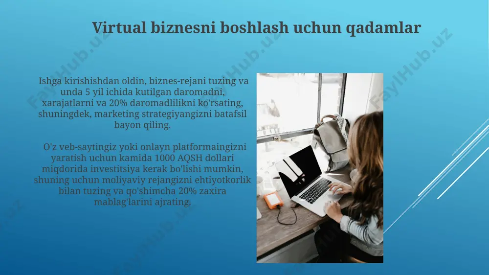 qamli imzo to'g'risida”gi 575-sonli qonuni va soliq kodeksining tegishli moddalari bilan tanishib chiqish zarur. xalqaro savdo amalga oshirayotgan virtual biznes sub’ektlariga, jahon savdo tashkilotining qoidalari va boshqa mamlakatlarning tegishli qonun hujjatlariga rioya qilish majburiyati yuklanadi, masalan, aqshning dmca qonuni. xodimlarni boshqarish virtual biznesda 50 dan ortiq xodimlarni samarali boshqarish uchun loyiha boshqaruv dasturlari, masalan, asana yoki trello'dan foydalanish, toshkentdagi ofis xarajatlarini sezilarli darajada kamaytiradi. samarqanddan ishlayotgan grafik dizaynerlar kabi masofaviy xodimlar bilan aloqani mustahkamlash uchun haftasiga kamida 2 marta onlayn yig'ilishlar o'tkazish, kommunikatsiya muammolarini 20% ga kamaytiradi. virtual biznesning kamchiliklari virtual komandalarda ishlashda vaqt mintaqalari farqi (masalan, aqsh va o'zbekiston o'rtasidagi 12 soatlik farq) muvofiqlashtirishni qiyinlashtiradi va samaradorlikni 15% gacha pasaytirishi mumkin. virtual biznesda mijozlar bilan shaxsan aloqa yo'qligi, masalan, 1000 dan ortiq mijozlar bilan faqat onlayn muloqot qilish, toshkentdagi ofis yo'qligida ishonchsizlikni keltirib chiqarishi mumkin. muvaffaqiyatli virtual biznes misollari 3 million foydalanuvchiga ega bo'lgan, aqsh va kanada bozorlarida faoliyat …