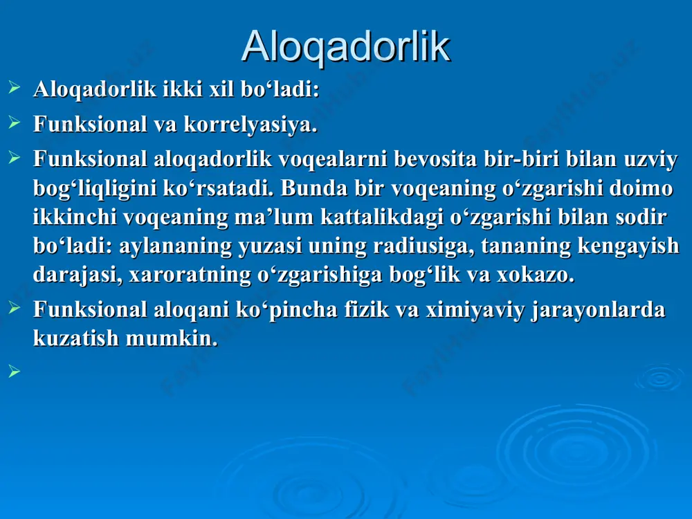 i; du – ikkinchi qatordagi variantalarning shu qator uchun xisoblangan o‘rtacha qiymatdan farqi. rang korelyatsiya koeffisiyenti (spirmen usuli) bu noparametrik usullardan biri bo‘lib, birinchi marta u spirmen tomonidan taklif etilganligi uchun ham spirmen usuli deb ataladi. spirmen usulida korrelyasiya koeffitsienti quyidagi formula bo‘yicha xisoblanadi: r = 1 - 6 · σ d 2 n( n - 1) bu erda: r – korrelyasiya koeffitsienti d – ranglar (tartib sonlar) orasidagi farq standartlashtirishni qo`llash masalan: 2 muqim shifoxonadagi umumiy letallik (o‘lim) ko‘rsatkichini taqqoslash va shu ko‘rsatkichlardagi farqning sabablari to‘g‘risida xulosa chiqarish uchun, avvalambor, shifoxonalarda davolanayotgan bemorlarning kasalliklari turlarining bir xilligini aniqlash kerak. chunki qaysi shifoxonada og‘ir, surunkali kasalliklar bilan yotkizilgan bemorlar soni ko‘proq bo‘lsa, shu shifoxonada letallik ko‘rsatkichi yuqori bo‘ladi. shuning uchun ham letallik ko‘rsatkichi ko‘p yoki oz bo‘lishiga qaramasdan u yoki bu shifoxonada diagnostika va davolash ishlari yaxshi yoki yomon, shifokorlar bemorlarga yaxshi, malakali yoki yomon tibbiy yordam ko‘rsatishyapti deb bo‘lmaydi. …
