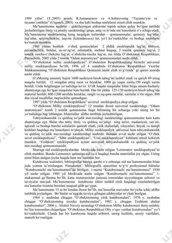 nlar ommasiga mо‘ljallanadi, kitobxonlar о‘zlarining bilim saviyasini oshirib boradi, hozirgi zamon fan va texnika yutuqlaridan xabardor bо‘ladi, mustaqil bilim olish kо‘nikmasini egallaydi. issiqlik texnikasi asoslari. t.s.xudoyberdiyev, b.p. shaymardanov, r.a. abduraxmonov, a.n. xudoyorov, b.r. boltaboyev toshkent — 2008; mashina detallari. shoobidov, shorahmat asqarovich toshkent-2014; melioratsiya asoslari. muxamedov azat kadirovich. toshkent – 2008. m.mamatqulov chuqur ilmiy tadqiqotlarni, sharafli pedagogik faoliyatni olib borish bilan birga, geografiya fanidan umumta’lim va о‘rta maxsus ta’lim muassasalari о‘quvchilari, oliy ta’lim muassasalari talabalari uchun 3 ta darslik, geografiya yо‘nalishi talabalari uchun 4 ta о‘quv qо‘llanma, 4 ta monografiya muallifidir. uning 2009 yilda chop etilgan “tabiat mо‘jizalari” ilmiy-ommabop asari keng omma tomonidan iliq kutib olindi. о‘quv qо‘llanmalar fanning, amaliy faoliyat sohasining ma’lum bir tizimda aks etgan axborotini о‘z ichiga oladi. о‘quv nashrlariga о‘quv dasturlari, darsliklar, о‘quv qо‘llanmalari, о‘quv-uslubiy qо‘llanmalar, kо‘rgazmali materiallar kiradi.ular mazmuniga kо‘ra sohali yoki ixtisoslashgan adabiyotdir. gidromeliorativ tizimlaridan foydalanish. bazarov f.a., bazarov r.x. toshkent-2009: gidrotexnika inshoatlari 1-tom. …