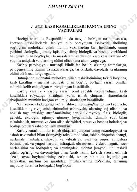ishi, tez-tez bir xilda bajariladigan harakatlar, ma’lum bir guruhdagi mushaklarning zo‘riqishi, tananing majburiy holati va boshqalar) bog‘liqdir. ilmiy-texnikaviy progress, ishlab cliiqarish jarayonlariga mexanizatsiya va avtomatizatsiyani joriy qilish, asbob-uskunalarni modemizatsiyalash, sanitar-texnik qurilmalarni ratsionallashtirish tnamlakatimizning ko‘pchilik korxonalarida kasbiy zararli omillarning yo'qolishiga yoki keskin o‘zgarishiga sabab bo'ldi. respublikamizda qabul qilingan amaldagi qonunlarga ko‘ra, kasbiy zararli omillar ta’sirining ruxsat etilgan darajalari aniqlangan, bu o‘tkir hamda surunkali kasb kasalliklari rivojlanishining oldini oladi. lekin har doim ham kasbiy zararli omillarni yo‘qotish mumkin emas, chunki fan va texnika bu sohadagi radikal yechimlarni to'laligicha hal qila ohnaydi. sanoatda va qishloq xo‘jaligida yangi kimyoviy moddalarning qo‘llanilishi yangi kasbiy zararli omillarning yangi profilaktik chora- tadbirlarini o‘rganishni taqozo etadi. zararli omillarning ta’sirini sanitar-gigiyenik chora-tadbirlar yordamida himoyalash natijasida kasalliklar kelib chiqishining oldini olish mumkin. texnologik progress, ishlab chiqarish jarayonlarini mexanizatsiyalash va avtomatizatsiyalash, asbob-uskunalarni modemizatsiyalash zararli omillarni yo'qotish yoki ularni xavfsiz darajagacha pasaytirishi mumkin. shuni ham ta’kidlab o‘tish kerakki, sanoatga va qishloq xo'jaligiga …