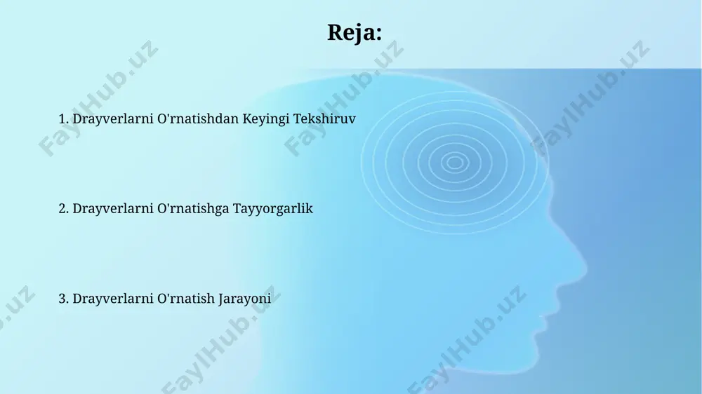 ilgan papkada o'rnatish faylini topib, yuqoridagi ko'rsatmalarga amal qiling. qurilma menejeri qurilma menejerida, o'rnatilmagan yoki noto'g'ri ishlash holatida bo'lgan qurilmalar sariq rangli belgisi bilan belgilanadi va ularga haydovchini qo'lda o'rnatish kerak bo'ladi. qurilma menejeri orqali haydovchilarni o'rnatishda, 32-bit yoki 64-bit operatsion tizimiga mos keladigan haydovchini tanlash juda muhim, aks holda tizim noto'g'ri ishlashi mumkin. drayverni yuklab olish drayverni yuklab olishdan avval kompyuteringizning operatsion sistemasini (masalan, windows 10, 64-bit) va apparat komponentlarini (masalan, video karta modeli) aniq bilib oling, chunki mos kelmaydigan drayverlar muammolarga olib kelishi mumkin. ishonchli manbalardan, masalan, ishlab chiqaruvchining rasmiy veb-saytidan yoki tan olingan drayver yuklab olish saytlaridan, masalan, driverpack solution kabi dasturlardan drayverlarni yuklab oling. viruslarga e’tibor bering. drayverni yuklab olish manbalari kompyuter ishlab chiqaruvchilarning (masalan, dell, hp, lenovo) rasmiy veb-saytlarida 1000 dan ortiq turdagi qurilmalar uchun haydovchilarni topishingiz mumkin, bu sizning qurilmangizning aniq modelini bilishingizni talab qiladi. device manager yordamida qurilmangiz uchun kerakli haydovchini aniqlab, uning …