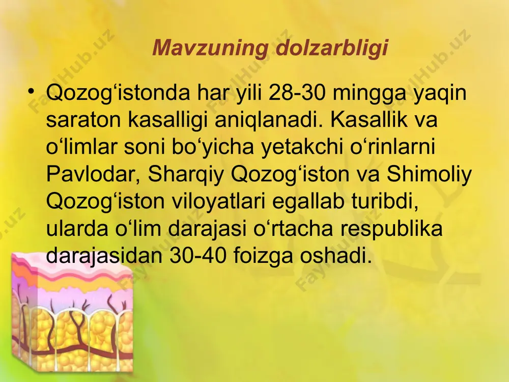 ir qiladi. teri saratonining gistologik tuzilishi bazal hujayrali teri saratoni (bazalioma) teri o'smalarining 70-75% ni tashkil qiladi. sekin o'sishda farqlanadi. u atrofdagi to'qimalarni ko'paytirishi, ularni yo'q qilishi mumkin. amalda metastaz bermaydi. skuamoz hujayrali karsinoma kamroq tarqalgan. u tez infiltratsion o'sish va metastaz berish qobiliyati bilan, asosan 10% hollarda limfogen yo'l bilan ajralib turadi. teri qo'shimchasining saratoni teri saratoni bosqichlari i bosqich - d da 2 sm dan oshmaydigan, dermisdan chuqurroq kirmaydigan, harakatchan, limfa tugunlariga metastazlarsiz o'sma (yara). ii bosqich - d da 2 dan 5 sm gacha bo'lgan o'simta, terining butun qalinligi bo'ylab yoki mintaqaviy limfa tugunida bitta metastaz mavjud bo'lganda o'sadi. iii bosqich - d o'lchami 5 sm dan ortiq, pastki yumshoq to'qimalarni o'stiruvchi yoki limfa tugunlariga ko'p metastazlar bilan. iv bosqich - suyak yoki xaftaga tushadigan yoki limfa tugunlarida harakatsiz metastazlar bilan yoki uzoq metastazlar mavjudligi bilan o'sma. tnm bo'yicha teri saratonining klinik tasnifi: t - birlamchi o'simta …
