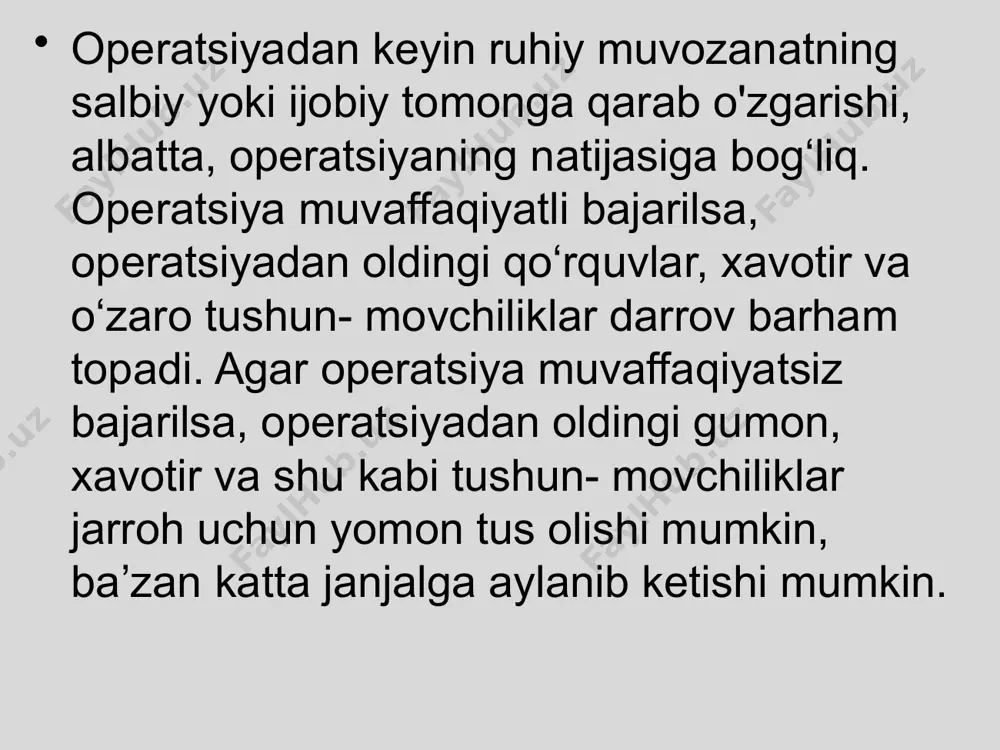 llarda peritonit asoratini beradi yoki diagnoz o‘z vaqtida aniqlanmay, ko‘richak yorilib ketadi. bu esa hayot uchun havflidir. yaqin bir tanishim “flegmonoz appenditsit” diagnozi bilan zudlik bilan tunda operatsiya qilingandi. operatsiyadan keyin jarroh bemorning yaqinlariga kasallik peritonitga o‘tishiga oz qolganligini aytadi. uning ahvolidan qo‘rqqan akasi o‘z xohishi va vrach tavsiyasiga ko‘ra, ko‘richagini oldirib tashlatadi. operatsiyadan oldin bemorlarda turli xil psixovegetativ va psixosomatik belgilar kuzatilishi mumkin. bular uyqu buzilishi, bosh aylanishi, yomon tushlar ko‘rish, ko‘p terlash, titrash, taxikardiya, arterial qon bosimning o'ynab turishi, o‘lim qo‘rquvi, ich ketish, tez — tez siyish va boshqalar. m a’lumki, operatsiyaga m one‘lik qiluvchi holatlarni aniqlash uchun bemorlar boshqa mutaxassislarga, masalan, terapevtlarga ko‘rsatiladi, turli xil laborator va diagnostik tekshiruvlardan o‘tkaziladi jarrohlikda psixologiya fani naqadar ahamiyatli ekanligi bilan tanishib chiqdik. ba’zan psixogen buzilishlarni davolashda jarrohlik usullaridan ham foydalaniladi. hattoki, gipnoz yordamida ham davolab bo‘lmaydigan ba’zi chuqur psixogen buzilishlarni davo­ lashda, jarrohlik operatsiyalariga murojaat qilishga to‘g‘ri keladi. image1.png image2.png …