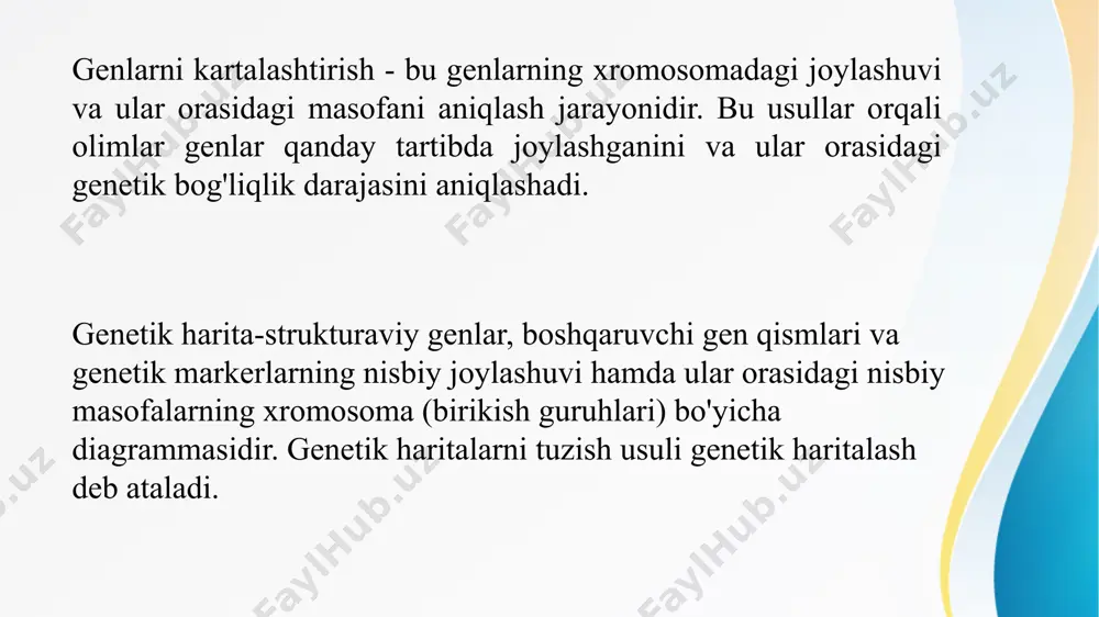 hamiyati. dnk markerlarining turlari: rflp, ssr, rapd, aflp, caps va dcaps. genetik harita-strukturaviy genlar, boshqaruvchi gen qismlari va genetik markerlarning nisbiy joylashuvi hamda ular orasidagi nisbiy masofalarning xromosoma (birikish guruhlari) bo'yicha diagrammasidir. genetik haritalarni tuzish usuli genetik haritalash deb ataladi. genetik haritalash xromosomalarda tarixi. genlarning dastlab o'zaro joylashishi ular orasidagi krossingover chastotasi bilan aniqlandi. birinchi marta xromosomalarning genetik haritalarini bu uslubda tuzish imkoniyati 1913-1915 yillarda t. morgan, a. stertevant va morganning laboratoriyasi hodimlari tomonidan genlarni birikish va krossingover hodisalariga asoslangan holda eksperimental usulda ishlab chiqildi. ushbu tarihiy sanadan boshlab, genetik masofa odatda santimorgan-yoki santimorganidlar, sm sifatida o'lchanadi, 1 sm 1% larda krossingover chastotasiga mos keladi. genetik harita ishlab chiqilgan birinchi organizm qorin qismi qora rangli drosophila melanogaster pashshasi bo'lgan. keyingi bosqichda boshqa turlar uchun genetik haritalash amalga oshirildi. shunday qilib, genetik harita ishlab chiqilgan birinchi qush va birinchi xayvon uy tovug'i hisoblanadi. uy tovug'ining birinchi genetik haritasini ishlab chiqgan va …