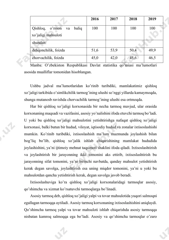 va bir-birini to’ldiradi. ularni o’zaro uyg’un holda yuritib borish mavjud resurslardan samaraliroq foydalanishni ta’minlaydi. qishloq xo’jaligi korxonalarida o’simlikchilik va chorvachilikka xizmat ko’rsatuvchi tarmoqlar - transport xizmati, ta’mirlash xizmati, ombor xo’jaligi va boshqalar ham faoliyat ko’rsatadi. xizmat ko’rsatuvchi tarmoqlar tarkibiga qishloq xo’jaligi mahsulotlarini qayta ishlaydigan bo’linmalar, qurilish brigadalari, qurilish materiallari ishlab chiqaruvchi bo’linmalar va boshqalarni ham kiritish mumkin. qishloq xo’jaligi ishlab chiqarishini ixtisoslashtirish – bu xo’jalik yurituvchi subyektlar faoliyatlarini, talab va taklifdan kelib chiqqan holda, mavjud resurslardan samarali foydalanib, qishloq xo’jaligi mahsulotlarni yetishtirishga yo’naltirishdan iboratdir. korxonaning u yoki bu turdagi mahsulotni (paxta, don, qand lavlagi, go’sht, sut, tuxum, jun va boshqalar) ishlab chiqarishdagi ishtirokini belgilab beradi. qishloq xo’jaligi korxonalarining ixtisoslashishi avvalombor asosiy tarmoqni rivojlantirishga ta’sir ko’rsatib, kompleks mexanizatsiyalashtirish, avtomatlashtirish, yangi navlarni joriy etish, yuqori mahsuldor nasldor mollarni ko’paytirish, intensiv texnologiyalar qo’llash va hokazolarni amalga oshirishni taqozo etadi. biroq, xo’jaliklar ixtisoslashishining iqtisodiy samaradorligini yuqori darajasiga asosiy, yordamchi va xizmat qiluvchi tarmoqlarni bir-biriga …