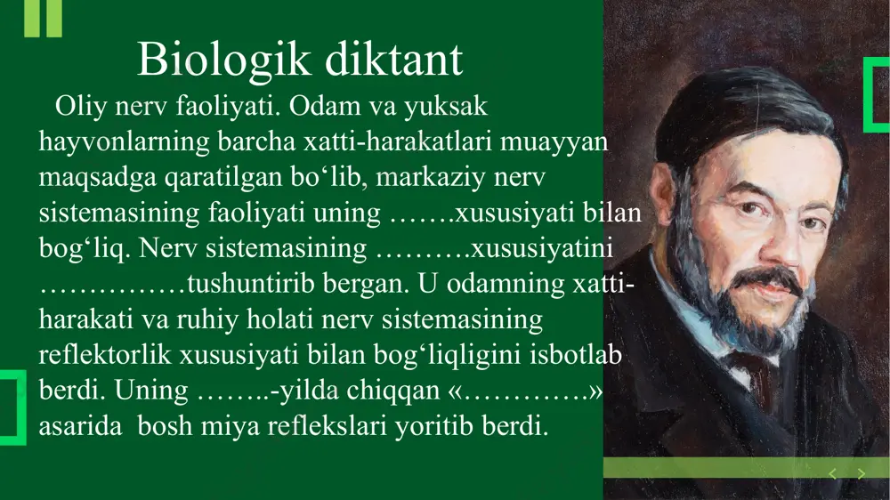 da ham hosil bo'ladi. masalan, limonning ta’mini tatib ko‘rgan odamning xayoliga limon kelganida so‘lak ajrala boshlaydi. hayot davomida har qanday odamga xos bo‘lgan xatti-harakatlar va ko‘nikmalar, chunonchi: 1.bilim olish, 2.kasb o'rganish 3. o‘qish 4.yozish kabi faoliyatlar ham shartli reflekslarga misol bo'ladi. a)induksion tormozlanish b)hitnoyalovchi tormozlanish 1.tashqi tormozlanish 2.ichki(so ‘nuvchi ) tormozlanish shartli reflekslarning tormozlanishi. induksion tormozlanish shartli refleks hosil qilgan ta’sirlovchiga nisbatan kuchliroq yoki notanish ta’sirlovchining nerv markaziga ta’sirida paydo bo'ladi. masalan, chiroq yoqilganida itda hosil bo'lgan ovqatlanish refleksi qo‘ng‘iroqning baland ovozi ta’sirida so‘nadi. tormozlanish ovqatlanayotgan it boshqa it ovozini eshitganida paydo bo'ladigan chamalash refleksi ta’sirida ham sodir boladi. odamda ham ovqatning hidi, ko'rinishi va mazasiga nisbatan hosil bo'lgan ovqatlanish shartli refleksi kuchli shovqin-suron yoki xunuk xabar ta’sirida so‘nishi, ya’ni so‘lak va oshqozon shirasi ajralishi to‘xtashi mumkin. 39382 himoyalovchi tormozlanish nerv markazlari hujayralaridagi energiya sarfi bilan bog‘liq. energiya kamaygan sari nerv hujayralari charchab, tormozlangan holatga o‘tadi. bunday tormozlanish organizmni zo‘riqib …