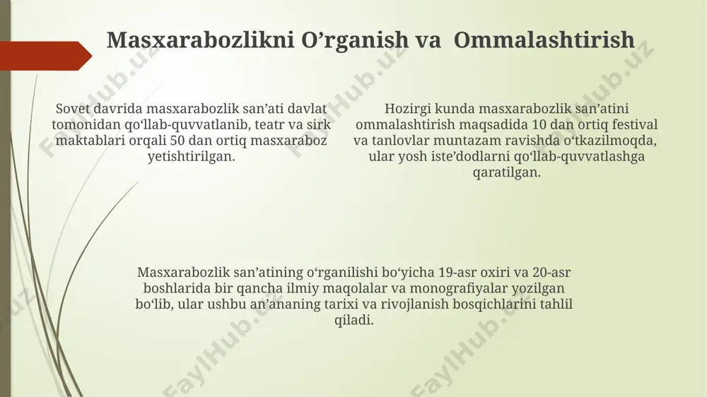 yosh oralig'ida ushbu an'anaviy san'atga bo'lgan qiziqishining o'sishi bilan bog'liq bo'lib, ular yangi texnologiyalarni qo'llab, uning ommabopligini oshirishlari mumkin. masxarabozlik san'atining rivojlanishi uchun 5 dan ortiq yangi teatr maktablari va studiyalarini ochish, ijrochilar uchun maxsus grantlar va stipendiyalar tizimini joriy etish muhim ahamiyat kasb etadi. kelajakda masxarabozlik san’ati, 3d-mapping, virtual va kengaytirilgan reallik texnologiyalari singari zamonaviy vositalarni qo'llash orqali o'zining ifoda vositalarini boyitishi va yangi auditoriyani jalb qilishi mumkin. masxarabozlikning ijtimoiy-siyosiy funktsiyalari masxarabozlik, 19-asrda, xalqning ijtimoiy-siyosiy muammolarini, masalan, adolatsizlik va korruptsiyani, allegorik va satirik usullar orqali aks ettirishda muhim rol o‘ynagan. mustaqillikdan keyin, masxarabozlik san’ati yangi ijtimoiy-siyosiy kontekstda rivojlanib, demokratiya, inson huquqlari kabi mavzularda kamida 5 ta yangi ijodkorlik yo‘nalishi paydo bo‘ldi. sovet davrida, masxarabozlik san’ati qat’iy senzura ostida bo‘lib, uning ijtimoiy-siyosiy funktsiyalari cheklangan va 2 ta asosiy mavzuga — mehnat va kollektivizmga qaratilgan. masxarabozlik san’atining xalqaro aloqalari masxarabozlik san'atining xalqaro festival va tanlovlarida, masalan, 10 dan ortiq mamlakatdan 50 …