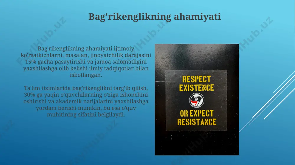 atlarda ijtimoiy uyg'unlikni ta'minlash uchun juda muhimdir. ijtimoiy tadqiqotlar shuni ko'rsatadiki, madaniy xilma-xillikni qadrlash, tolerantlik darajasini 20% ga oshirib, jinoyatchilik darajasini 15% ga kamaytirishga yordam beradi. turli qarashlarga hurmat tadqiqotlar shuni ko'rsatdiki, o'zaro hurmat va bag'rikenglik darajasi yuqori bo'lgan jamoalarda jinoyatchilik darajasi 15% ga past bo'ladi. turli qarashlarga hurmat, jamiyatning 70% dan ortiq a'zolarining fikriga ko'ra, ijtimoiy barqarorlik va iqtisodiy rivojlanishning muhim omili hisoblanadi. bag'rikenglikka tahdidlar 2022-yilgi hisobotlarga koʻra, bagʻrikenglikka qarshi 50 dan ortiq hujumlar qayd etilgan boʻlib, ularning aksariyati qashshoqlik va taʼlim darajasi past boʻlgan hududlarda sodir boʻlgan. bagʻrikenglikka tahdid sifatida siyosiy manipulyatsiya va dezinformatsiya kabi vositalarni qoʻllash orqali ijtimoiy boʻlinishni kuchaytirishga urinish kamida 30% holatlarda kuzatilgan. e'tiboringiz uchun rahmat @taqdimot_robot image1.jpg image2.jpg image3.jpg image4.jpg image5.jpg image6.jpg image7.jpg image8.jpg image9.jpg image10.jpg image11.jpg image12.jpg