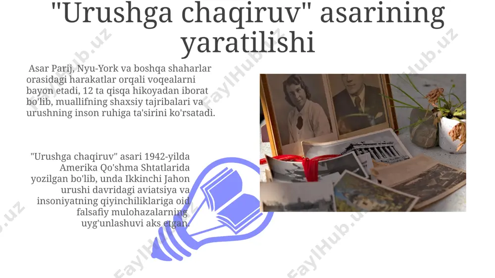 sent-ekzyuperi 339-eskvadron tarkibida, shimoliy afrikada joylashgan fransuz havo kuchlarida xizmat qilgan va 1942-yilda 15 ta jang parvozini amalga oshirgan. uning urush davridagi xizmati 1943-yilda aqshga ko'chib o'tgandan so'ng, 5-aviatsiya guruxida razvedka va aloqa vazifalarini o'z ichiga olgan. bolalik va yoshlik yillari антуан де сент-экзюпери 1900-yilda lion shahrida, boy oilasida tug'ilgan va bolaligining bir qismi lyonda, qolgan qismi esa turli fransiya shaharlarida, jumladan, 6 yoshida oilasi bilan ko'chib ketgan le bourget yaqinidagi mulkda o'tgan. sankt-ekзюperining bolalik davridagi ta'siri va tajribalari, shu jumladan, 5 birodar-singillari bilan munosabatlari, uning keyinchalik yozgan asarlariga, ayniqsa, "kichkina shahzoda"ga chuqur ta'sir ko'rsatgan. "kichkina shahzoda" asarining tug'ilishi 01 02 “kichkina shahzoda” hikoyasi saint-exupéryning 1942-yilda aqshning nyu-york shahrida yozilgan bo'lib, ikkinchi jahon urushi davrida muallifning ichki kechinmalari va falsafiy fikrlarini aks ettiradi. sales 1st qtr 2nd qtr 100 0 sales 1st qtr 2nd qtr 100 0 e'tiboringiz uchun rahmat @taqdimot_robot image4.jpg image5.jpg image6.jpg image7.jpg image8.jpg image9.jpg image10.jpg image11.jpg image12.jpg …