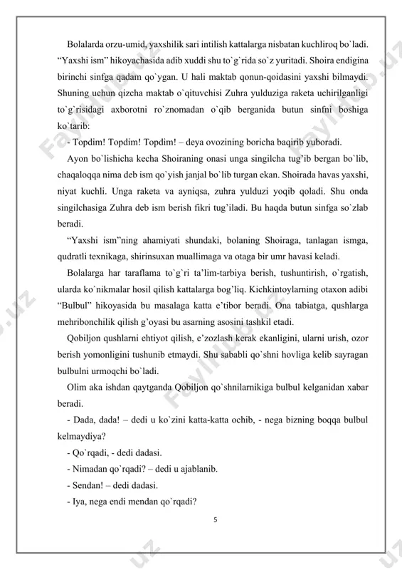 yomonligini tushunib etmaydi. shu sababli qo`shni hovliga kelib sayragan bulbulni urmoqchi bo`ladi. olim aka ishdan qaytganda qobiljon qo`shnilarnikiga bulbul kelganidan xabar beradi. - dada, dada! – dedi u ko`zini katta-katta ochib, - nega bizning boqqa bulbul kelmaydiya? - qo`rqadi, - dedi dadasi. - nimadan qo`rqadi? – dedi u ajablanib. - sendan! – dedi dadasi. - iya, nega endi mendan qo`rqadi? - axir kesak otsang, mayib bo`ladi-da! bu ishing yaramaydi deb aytib edim-ku. qobiljon indamay, o`ylanib qoldi: endi nima bo`ladi? rostdan ham bulbuljon uning bog’iga hech kelmasmikan-a? - kesak otmasam keladimi, dada? – dedi oxiri qobiljon. - albatta, keladi, - deb ishontirdi dadasi. -bo`pti!-dedi qobiljon va shu paytdan boshlab qushlarga kesak otmaydigan bo`ldi. adibning maktab yoshidagi bolalarga bag`ishlab yozgan juda ko`p hikoyalari kitobxonni ona-yurtni sevishga, mehnatkash bo`lishga, mehnat ahlini, ota-onani e’zozlashga, kasb-hunar egasi bo`lishga chorlaydi. muallif “qishloqdagi jiyanlarim” to`plamidagi “vilijonning dadasi” hikoyasida bolalarning jangchilarga hurmat va muhabbatini tasvirlaydi. buni ikkinchi jahon …
