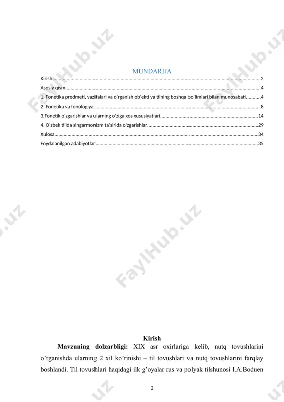hirish mumkin. fonemaning kashf etilishi fonetikaning yanada ko’proq rivojlanishiga va uning keyingi bosqichi fanologiyaning tarkib topishiga olib keldi. fonologiyada tilning tovush tomoni funksional jihatdan o’rganiladi. muayyan tilning fonemalar tizimini, bu tizimdagi fonemalarning fonologik belgilarini («ramzdagi axborotlar» majmui) shu tilning konkret talaffuz xususiyatlarini o’rganmay turib tadqiq etib bo’lmaydi. shu ma’noda, fonologiya fonetika bilan uzviy bog’langan bo’lib uni fonetikaning yuqori bosqichi deyish mumkin. (fonetika – nutqdagi, fonologiya «ongdagi» holatni o’rganadi). shuning uchun, fonetika fonologiya bilan tilning material – ifoda rejasini o’rganish borasida umumiylik tashkil qiladi. kurs ishining maqsad va vazifalari: fonetika predmeti, vazifalari va o‘rganish ob’ekti va tilning boshqa bo’limlari bilan munosabati haqidagi ma’lumotlarni umumlashtirish va qisqacha tavsiflash. fonetika va fonologiya. fonetik o‘zgarishlar va ularning o’ziga xos xususiyatlari. kurs ishi ob’yekti va predmeti: fonetika va fonetik ozgarishlar. fonetika predmeti, vazifalari va o‘rganish ob’ekti va tilning boshqa bo’limlari bilan munosabati. o‘zbek tilida singarmonizm ta’sirida o‘zgarishlar kurs ishning tadqiqot uslubi va uslubiyoti: ilmiy ommabop …