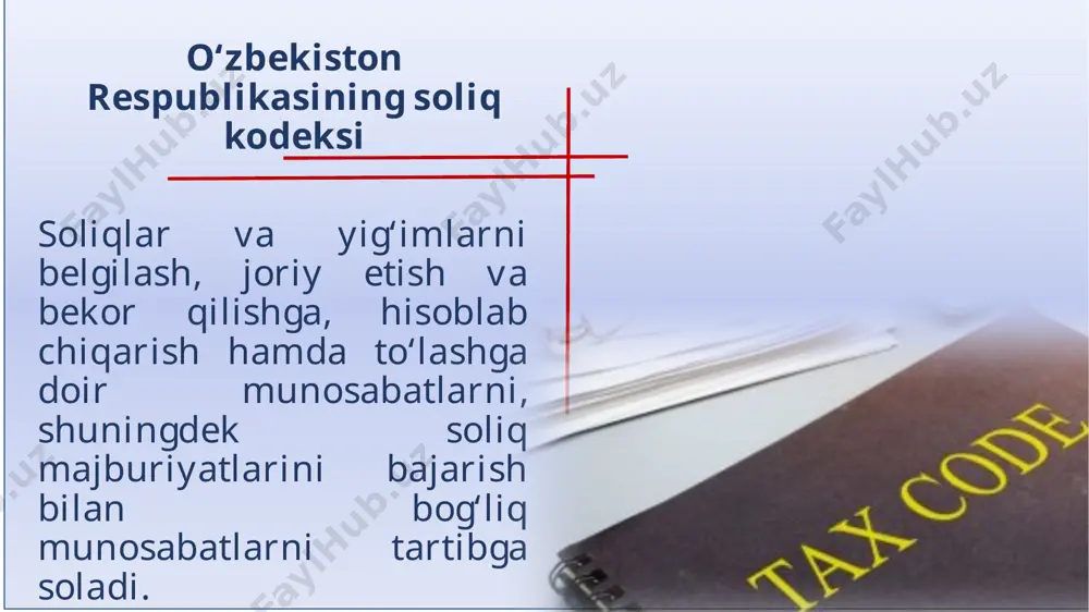 soliq imtiyozlarini yoki boshqa afzalliklarni belgilashga yo‘l qo‘yilmaydi. soliq tizimining yagonaligi prinsipi soliq tizimi o‘zbekiston respublikasining butun hududida yagonadir. o‘zbekiston respublikasining yagona iqtisodiy makonini buzuvchi, xususan, o‘zbekiston respublikasining hududi doirasida tovarlarning (xizmatlarning) yoki moliyaviy mablag‘larning erkin muomalada bo‘lishini bevosita yoki bilvosita cheklab qo‘yadigan soliqlar belgilanishiga yo‘l qo‘yilmaydi. oshkoralik prinsipi soliq to‘g‘risidagi qonunchilik hujjatlari rasman e’lon qilinishi shart. rasman e’l-on qilinmagan soliq to‘g‘risidagi qonunchilik hujjatlari kuchga kiritilmagan hujjat sifatida huquqiy oqibatlarni keltirib chiqarmaydi. soliq to‘lovchining haqligi prezumpsiyasi prinsipi soliq to‘g‘risidagi qonunchilik hujjatlaridagi barcha bartaraf etib bo‘lmaydigan qarama-qarshiliklar va noaniqliklar soliq to‘lovchining foydasiga talqin etiladi. soliq deganda soliq kodeksda belgilangan, o‘zbekiston respublikasining davlat budjetiga yoki davlat maqsadli jamg‘armasiga to‘lanadigan majburiy beg‘araz to‘lov tushuniladi. yig‘im deganda budjet tizimiga soliq kodeksda yoki boshqa qonunchilik hujjatlarida belgilangan majburiy to‘lov tushuniladi, bu yig‘imning to‘lanishi uni to‘lovchi shaxsga nisbatan vakolatli organ yoki uning mansabdor shaxsi tomonidan yuridik ahamiyatga ega harakatlarni amalga oshirish, shu jumladan unga muayyan huquqlarni …