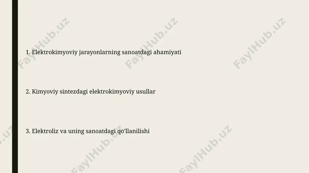 otentsiallari bilan belgilanadi. kimyoviy energiyaning elektr energiyasiga yoki aksincha o'zgarishi samaradorligi, elektrokimyoviy jarayonlarda 80% gacha energiya yo'qotishlarini hisobga olgan holda, muhim omil hisoblanadi. noorganik moddalarning elektrokimyoviy olish usullari vodorod va kislorod gazlarining elektrokimyoviy sintezida suvning elektrolizi 1,23 v potentsial farqida amalga oshiriladi va bu jarayon yashil energiya manbalari uchun muhimdir. elektroliz jarayonida 200-300°c haroratda nacl eritmasidan metall natriy va xlor gazi sanoat miqyosida olinadi, bu yuqori toza mahsulot olish imkonini beradi. akkumulyatorlar va yonilg'i elementlari akkumulyatorlarning zaryadlanish-razryadlanish sikllari soni 500 dan 1000 gacha boʻlishi mumkin, bu ularning ishlash muddatini va iqtisodiy samaradorligini belgilaydi. yonilg'i elementlari, masalan, vodorodli yonilg'i elementlari, 60-80% ga yaqin energiya samaradorligiga ega boʻlib, ichki yonish dvigatellariga qaraganda ancha yuqori koʻrsatkich hisoblanadi. kimyoviy oqova suvlarni elektrokimyoviy tozalash kimyoviy oqova suvlarni elektrokimyoviy tozalashda energiya sarfini kamaytirish uchun 20-30% gacha samaradorlikni oshiruvchi yangi elektrod materiallari qo'llanilmoqda. elektrokimyoviy tozalash jarayonida 90% dan ortiq organik ifloslantiruvchi moddalarni, shu jumladan fenollar va siyanovodorod …