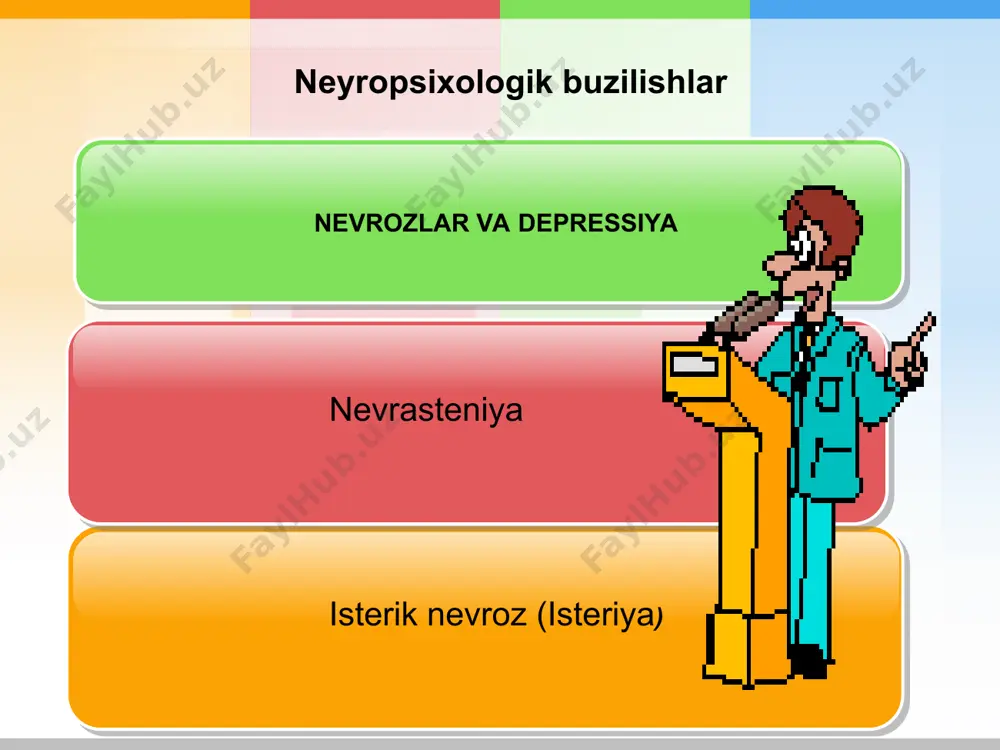 hi bo'ladi. bolalik davrida olgan tana jarohatlari ham bundan mustasno emas. nevrozning uchta turi farqlanadi: nevrasteniya (tom ma’noda nevroz), isteriya, miyadan ketmaydigan fikrlar. nevrasteniyaning klinikasi turli-tuman bo‘lib, ular ichida teztez asabiylashish, jahldorlik, uyqu buzilishi, bosh og‘rishi, bosh aylanishi, umumiy holsizlik, yurak urib ketishi, parishonxotirlik, aqliy va jismoniy mehnatning pasayishi kabi simptomlar juda ko‘p kuzatiladi. nevrozning asosiy simptomlariga psevdonevrologik sindromlar bobida batafsil ta ’rif berganligimiz uchun bu yerda ular haqida to‘xtalmadik. nevrasteniyani davolash uchun juda ko‘p dori-darmonlar mavjud. lekin ularga individual tarzda yondashish kerak. bu maqsadda turli trankvilizatorlardan, sedativ dorilardan va psixostimulyatorlarda foydalaniladi. lekin nevrasteniyani davolashda ishlatiladigan aksariyat dorilar kuchli sedativ ta’sirga ega bo'lganligi uchun ularni ishlab yurgan bemorlarga tavsiya qilib bo'lmaydi. kam miqdorda tavsiya qilinsa, natijasi past bo‘ladi. bunday paytlarda kuchli tinchlantiruvchi ta ’sirga ega va nojo‘ya ta’siri kam bo‘lgan dorilardan foydalaniladi. xuddi psixosomatik sindromlarni davolashda ishlatiladigan psixodinamikterapeya nevrozlarni davolashda keng qo‘llaniladi. shuningdek, bemorlarga umumiy massaj, igna bilan davolash, ertalabki …