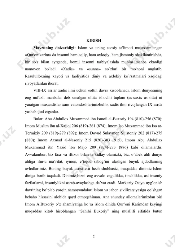ohida qayd etmoqchiman. ana shunday allomalarimizdan biri imom albuxoriy o’z ahamiyatiga ko’ra islom dinida qur’oni karimdan keyingi muqaddas kitob hisoblangan “sahihi buxoriy” ning muallifi sifatida butun dunyoda tan olingan. bunday buyuk zotning boy me’rosini asrab-avaylash va o’rganish, islom to’g’risidagi ta’limotni keng yoyish maqsadida samarqand shahrida imom al-buxoriy nomidagi xalqaro ilmiy tadqiqot markazi bunyod etilgan. toshkentda tashkil etilayotgan islom sivilizatsiyasi markazining faoliyati ham shu birgina maqsadga xizmat qiladi. butun islom dunyosidagi eng nufuzli manbalar deya tan olingan oltita ishonchli hadislar to’plamining mualliflaridan biri, boshqa muhaddislar ustozi, imomi, hech shubhasiz imom al-buxoriy hisoblanadi. uning to’liq ismi abu abdulloh muhammad ibn ismoil ibn ibrohim ibn al-mug’iyra ibn bardazbeh al-juafiy al-buxoriy bo’lib u buxoro shaxrida tug’ilgan. uning hijriy hisobda 194-yil shavvol oyining 13-kuni (810- yil 21-iyul) da dunyoga kelganligi qayd etilgan. boshqa ko’pgina olimlardan farqli ravishda imom al-buxoriyning tug’ilgan yili va paytining aniq ko’rsatilishiga sabab shuki uning otasi ismoil o’z davrining taniqli va g’oyatda …